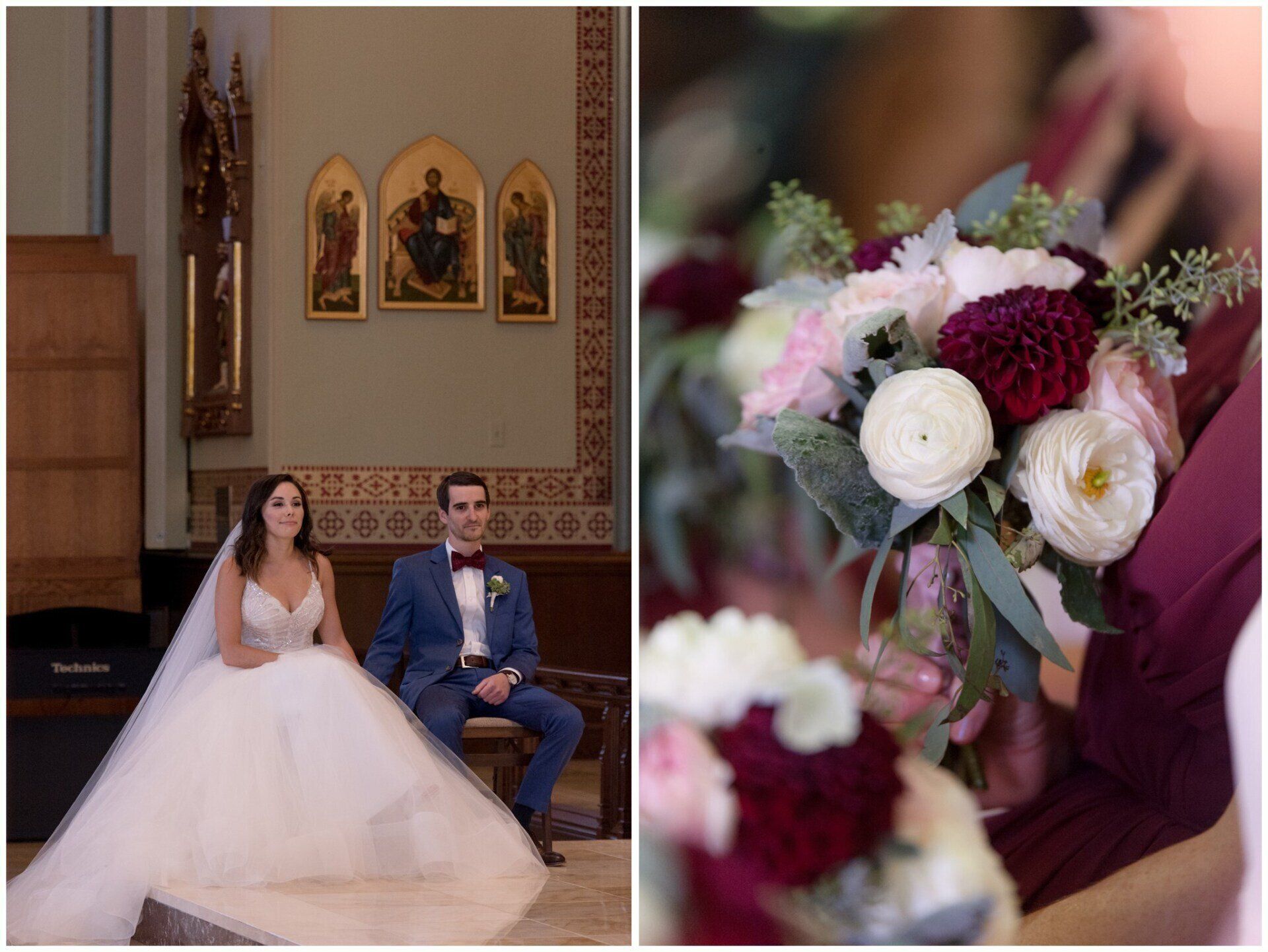 Bride and groom seated in a church; close-up of pink, white, and burgundy bouquet in foreground