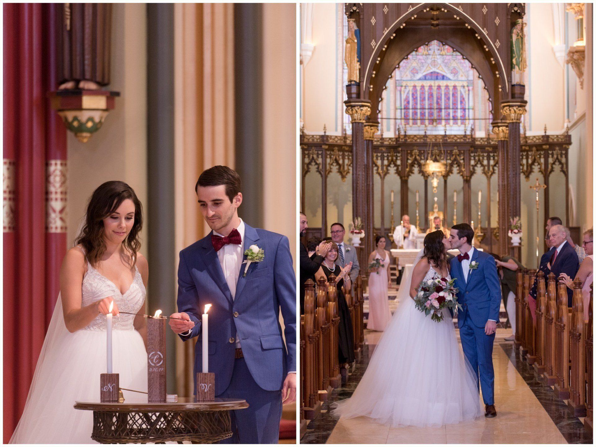 Bride and groom lighting candles in a church aisle during a wedding ceremony