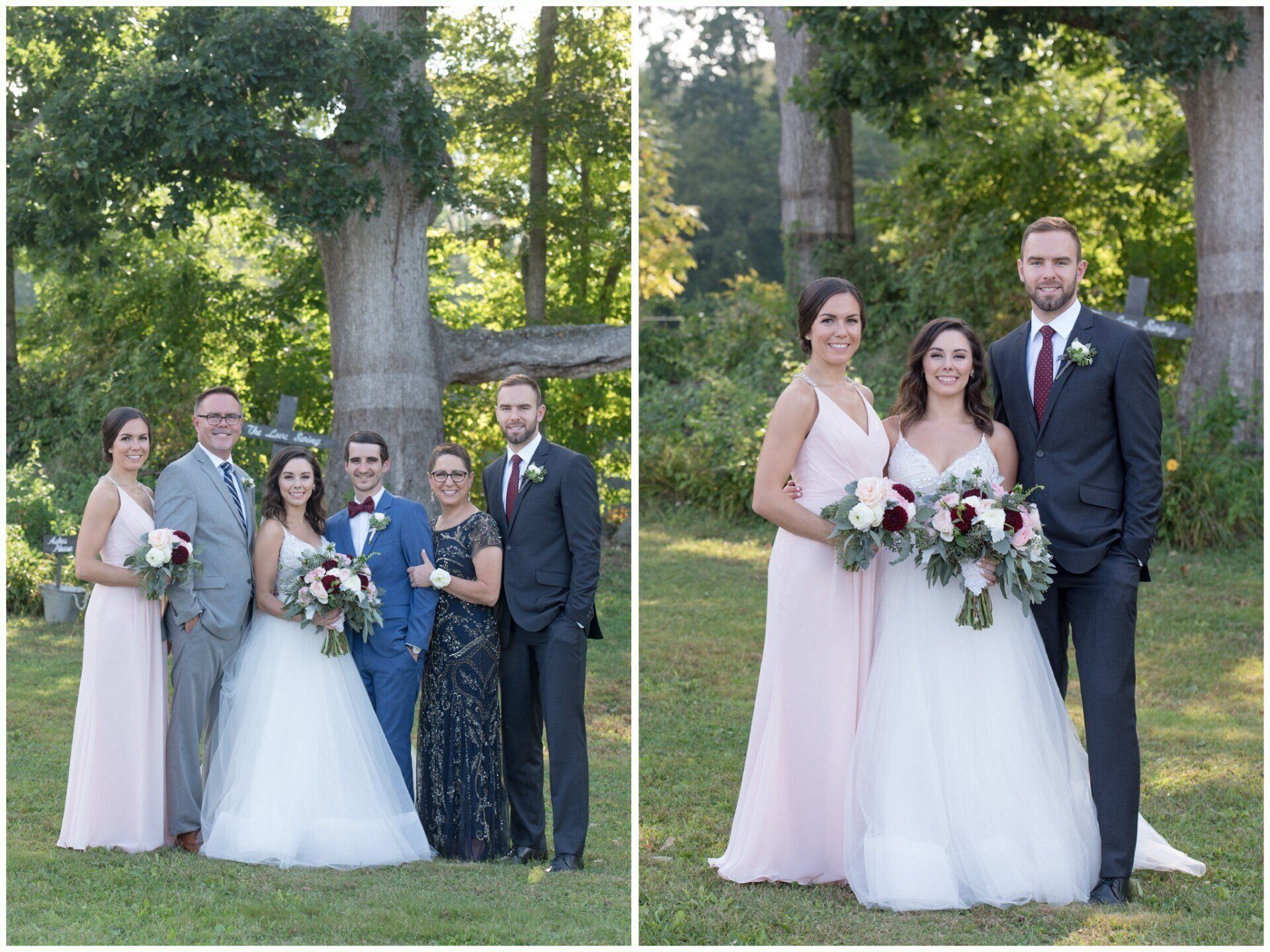 Wedding party posing outdoors among trees, with bride and groom and attendants holding bouquets