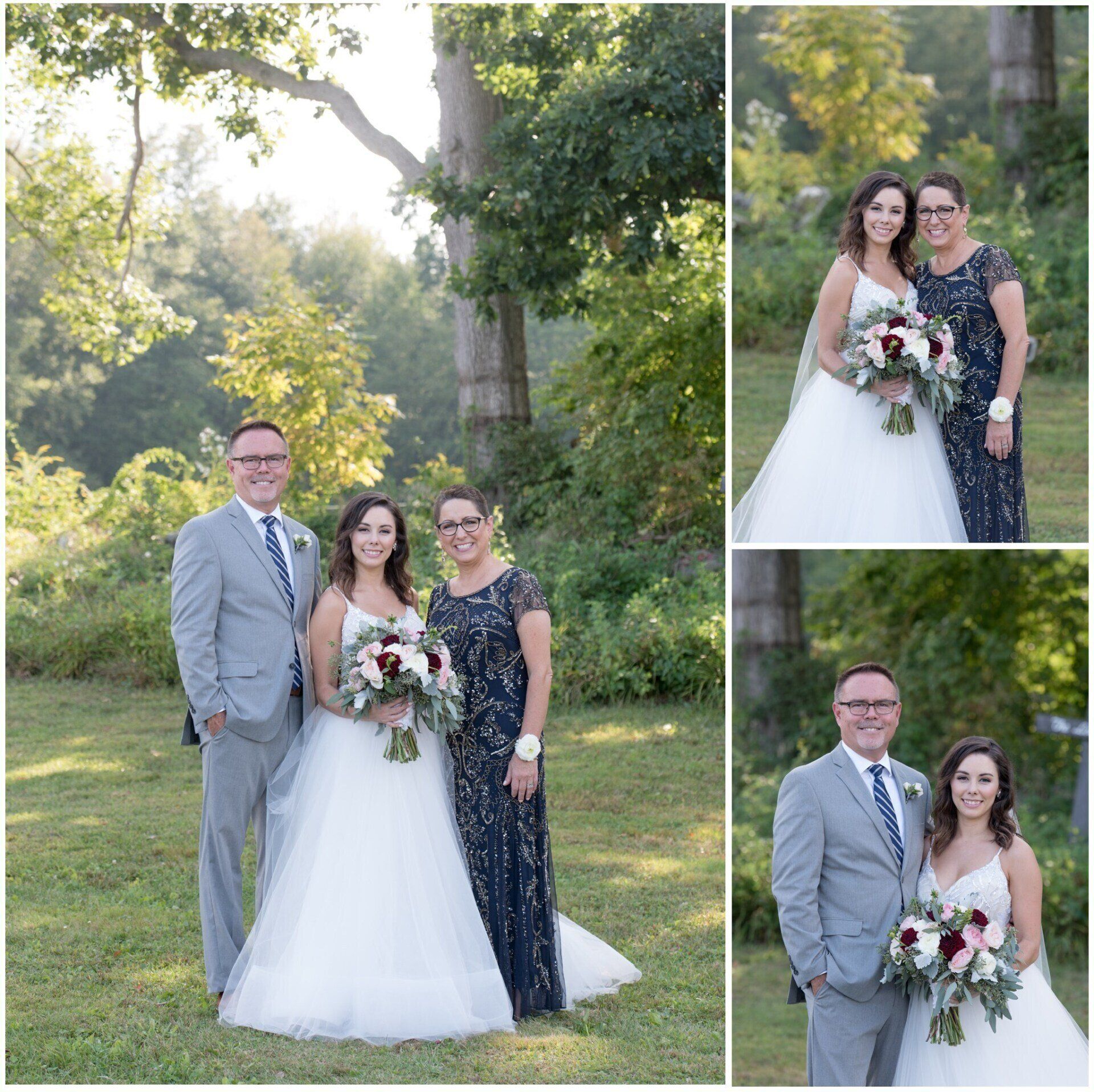 Wedding trio posing outdoors in sunlight, bride in white gown with bouquet beside two formally dressed guests
