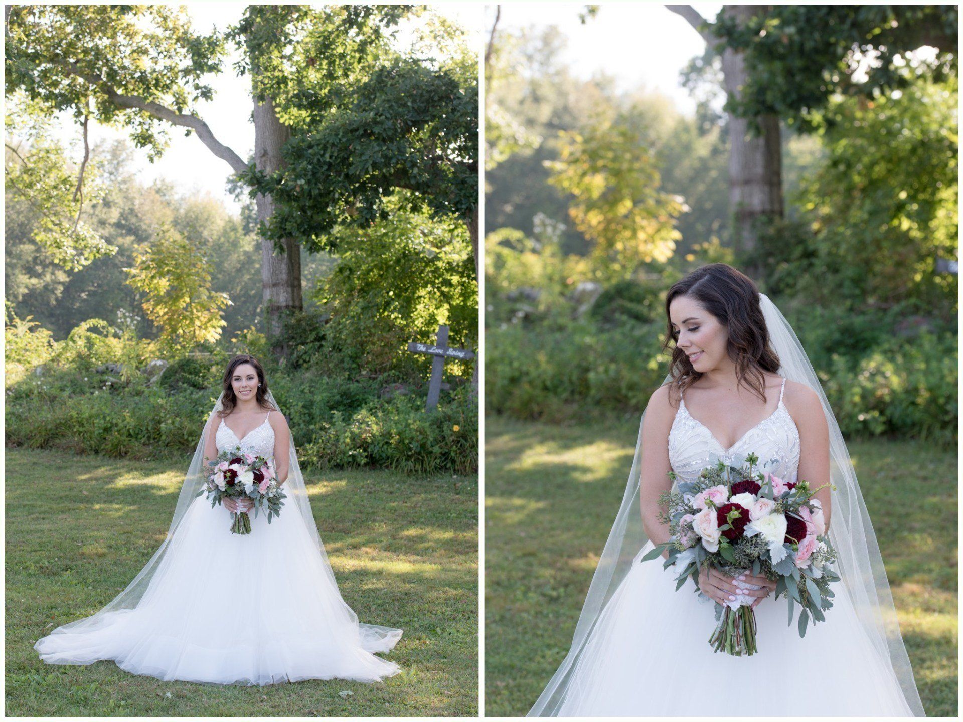 Bride in a white gown holding a bouquet in a sunlit garden, shown in full-length and close-up views