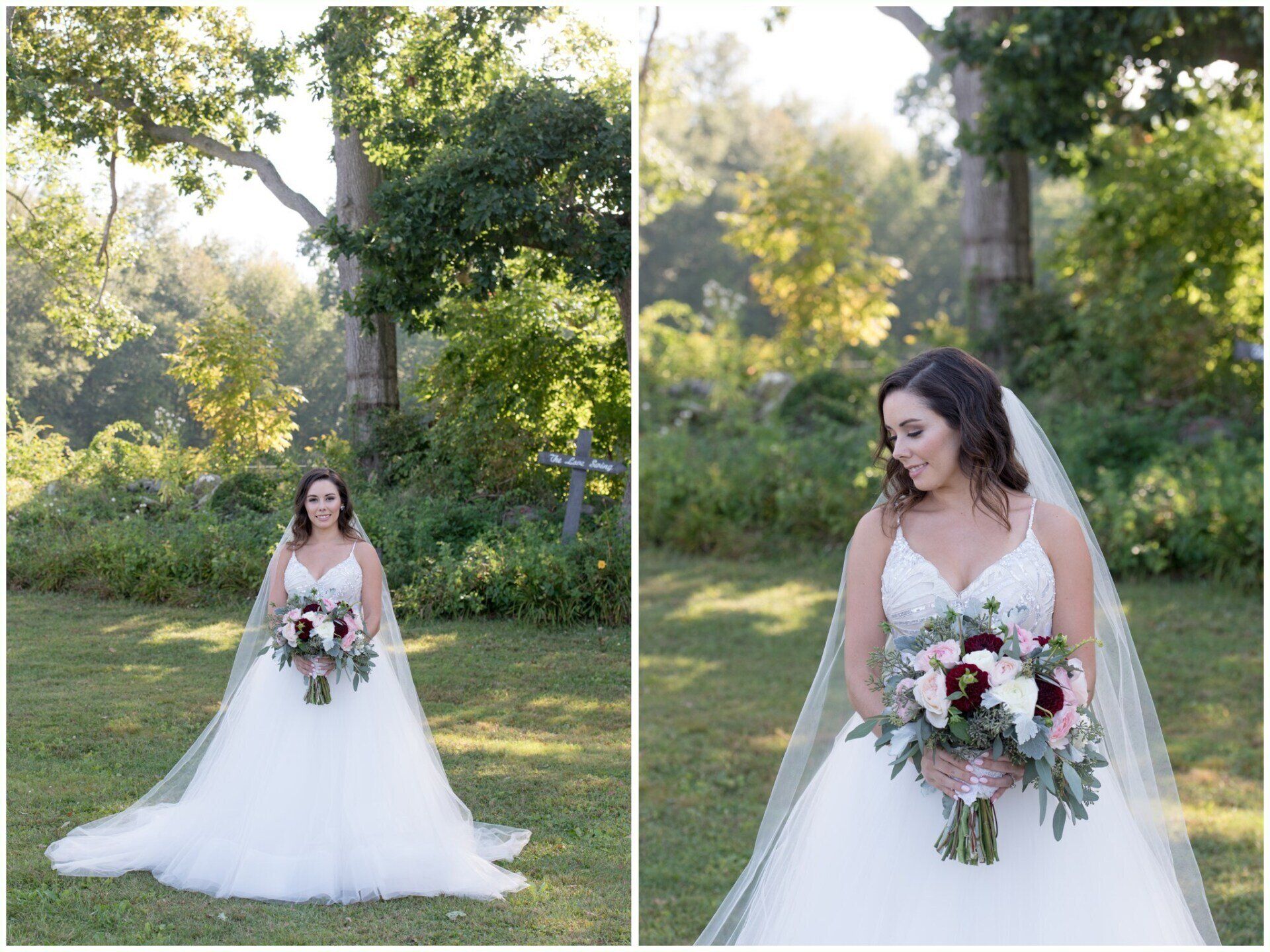Bride in a white gown and veil holding a bouquet in a sunlit garden, shown full-length and in close-up