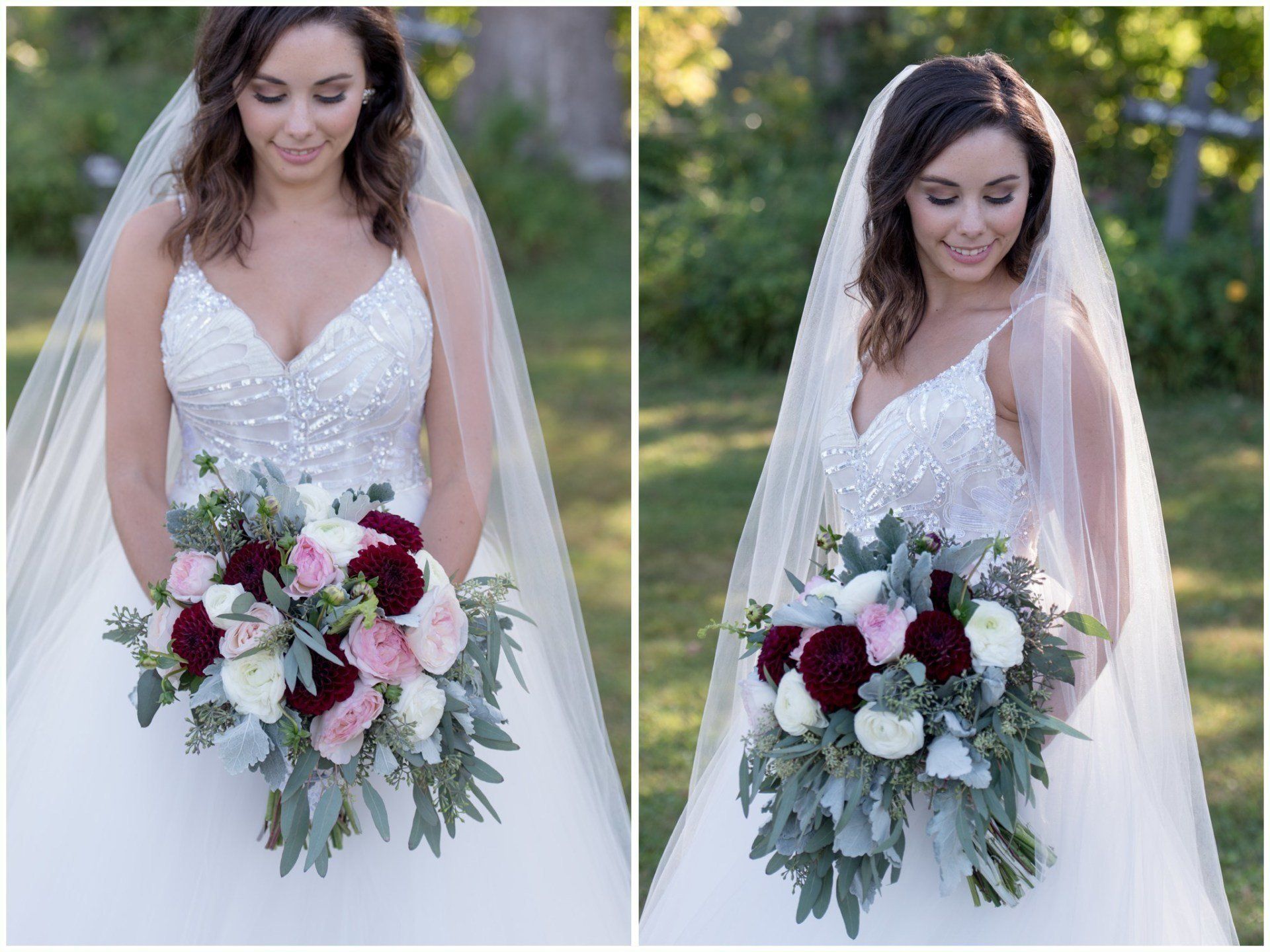 Bride in white dress holding a bouquet of pink, white, and burgundy flowers, shown in two side-by-side photos.