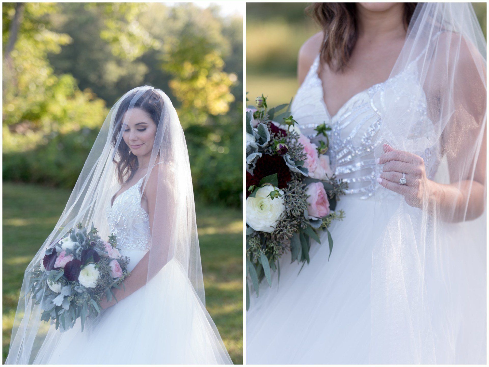 Bride in a white gown and veil holding a bouquet outdoors, shown in two close-up wedding shots