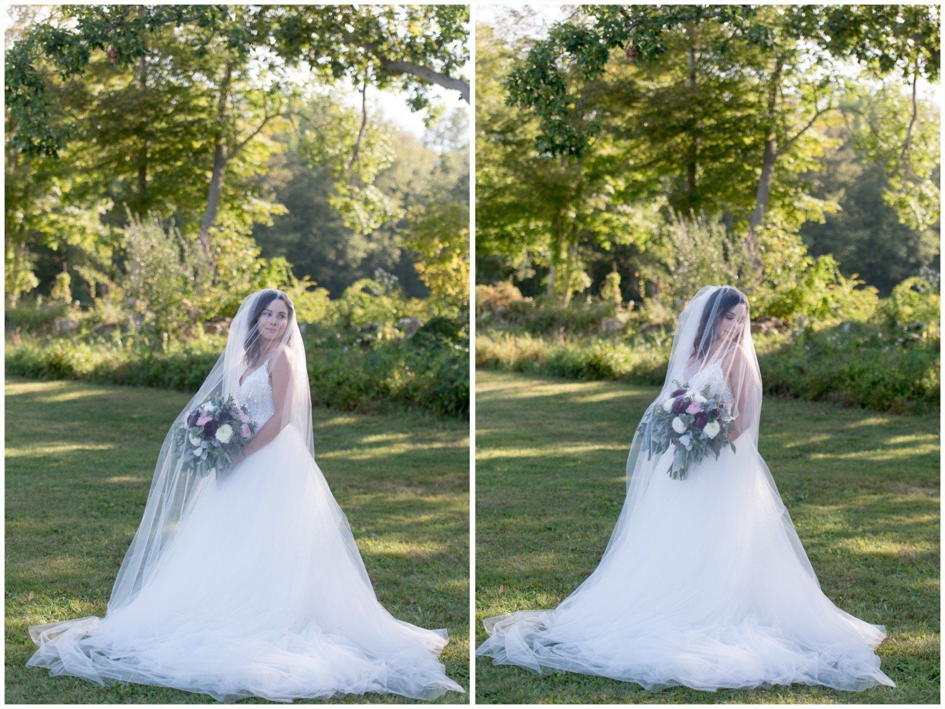 Bride in white gown and veil walking outdoors on a sunlit lawn, shown in side-by-side images.