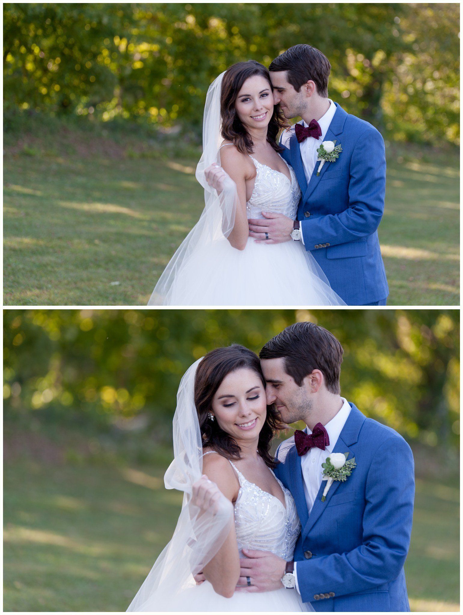 Bride and groom embracing outdoors, smiling in a soft-focus garden setting
