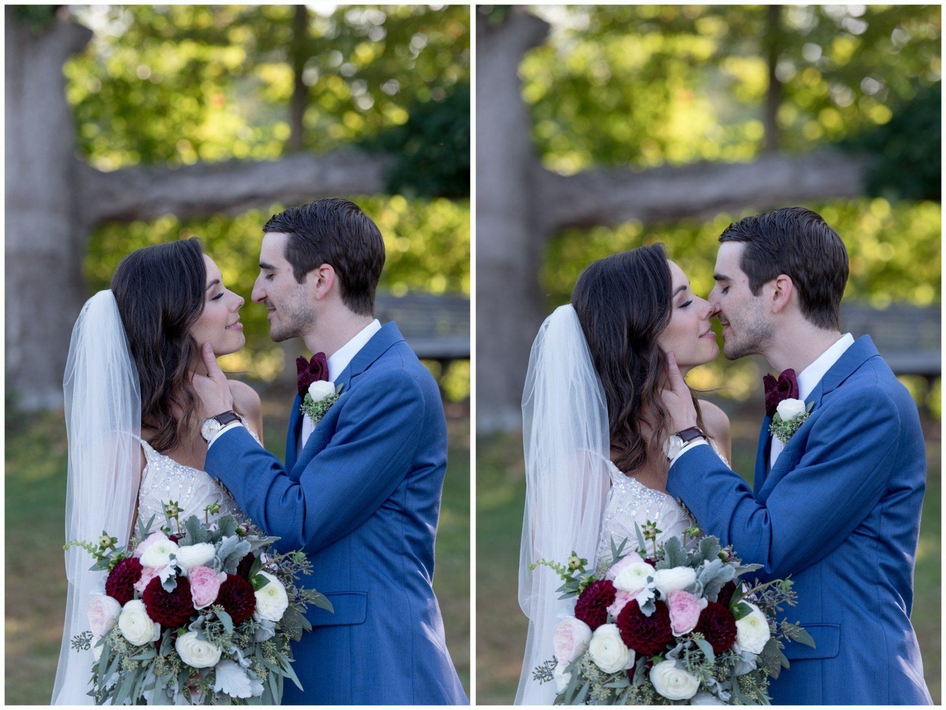 Bride and groom kissing at their outdoor wedding, holding a bouquet of white and burgundy flowers.