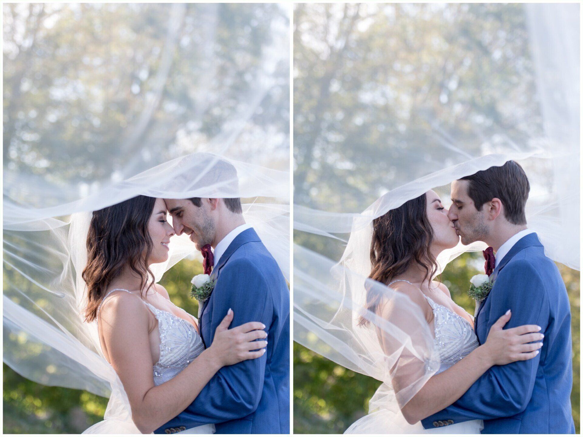 Couple kissing under a flowing veil outdoors, shown side by side in a split image.