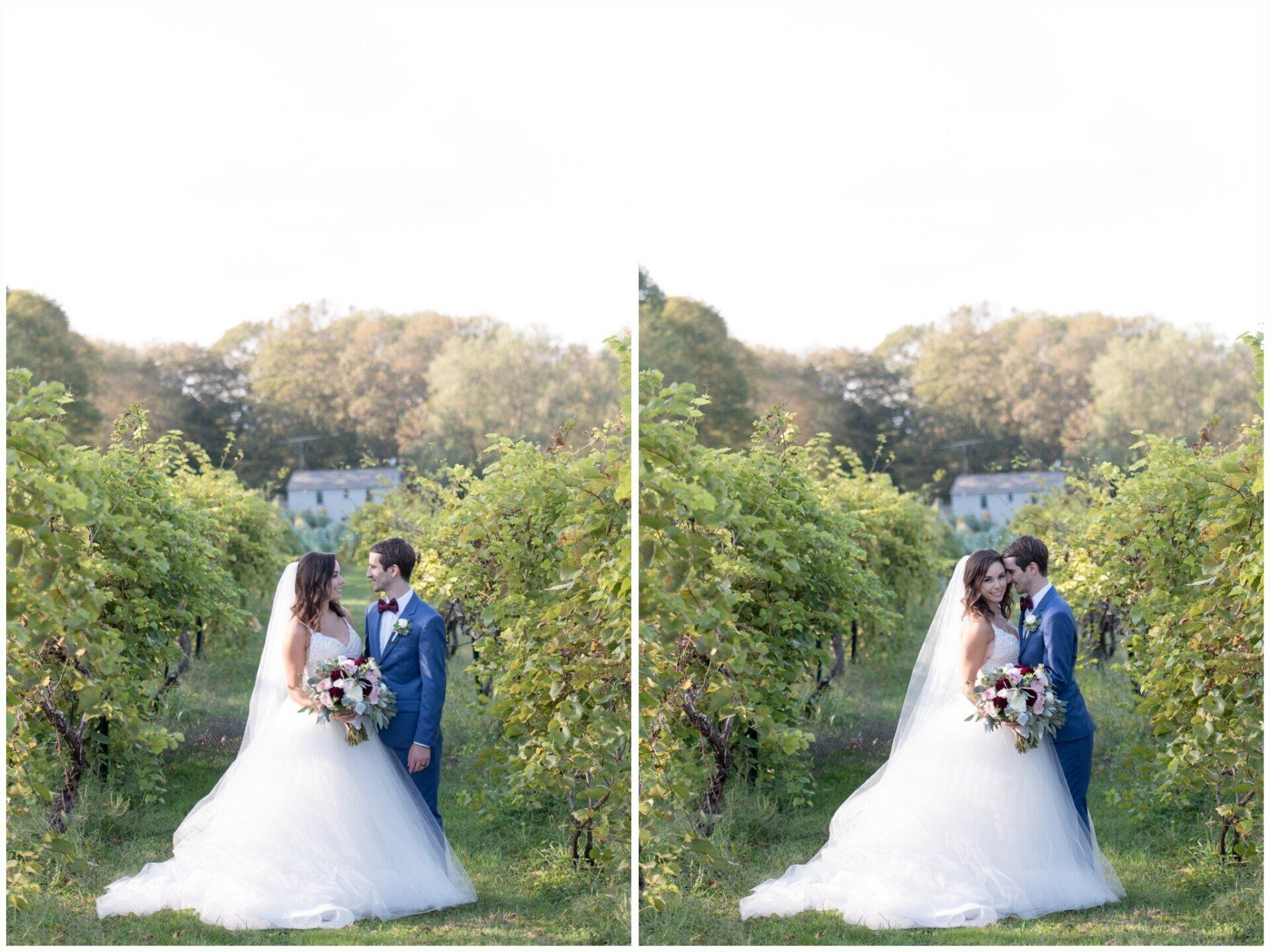 Bride and groom in blue suit and white gown pose in a garden, shown in two side-by-side wedding photos