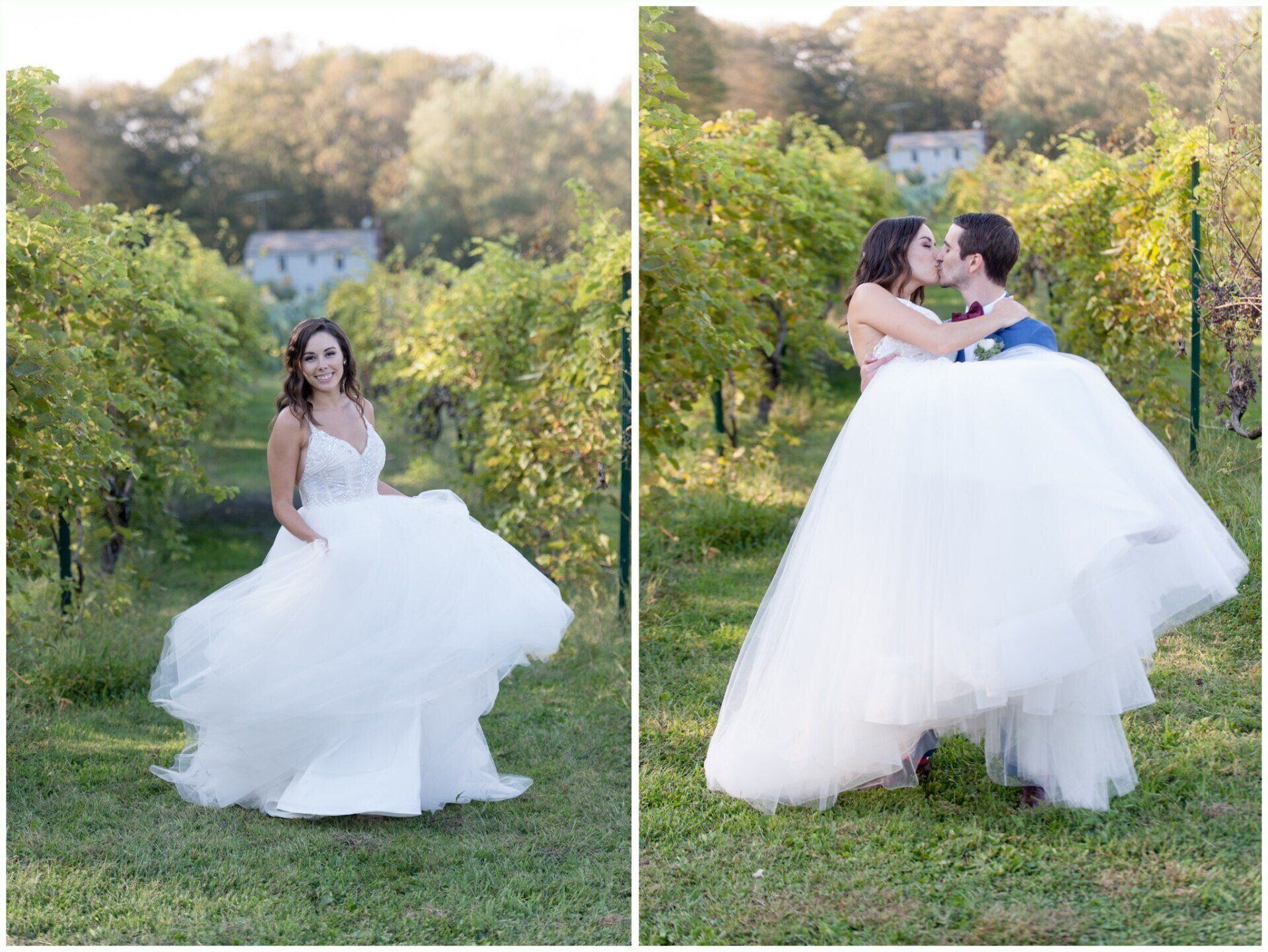 Bride in a white gown posing outdoors in a garden, then embracing a partner in a matching white dress.