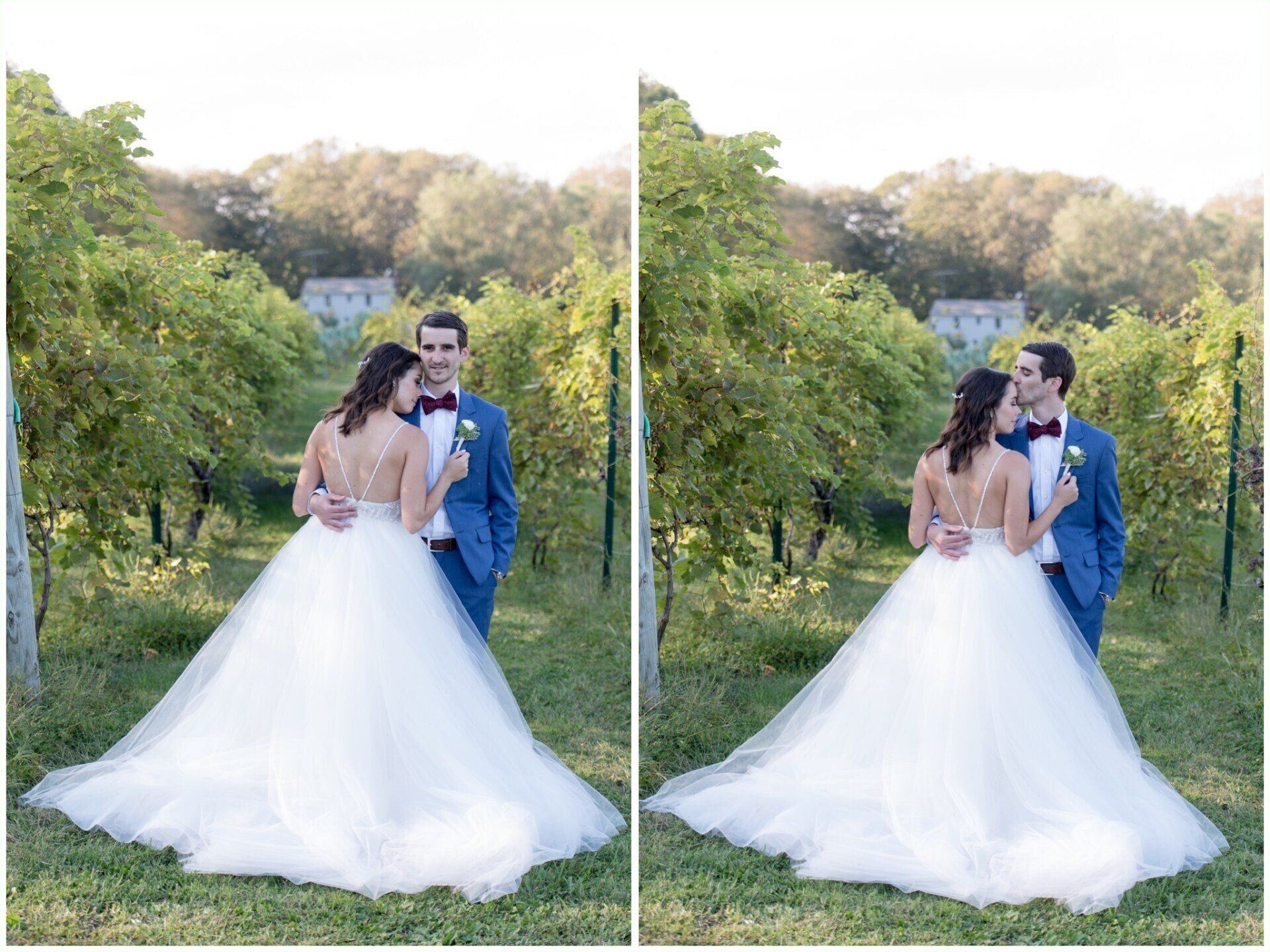 Bride and groom in wedding attire embracing on a sunlit forest path