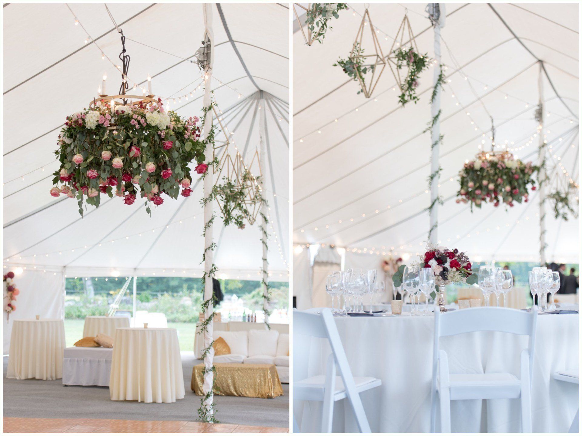 White wedding tent with hanging pink floral arrangements and round tables dressed in white linens