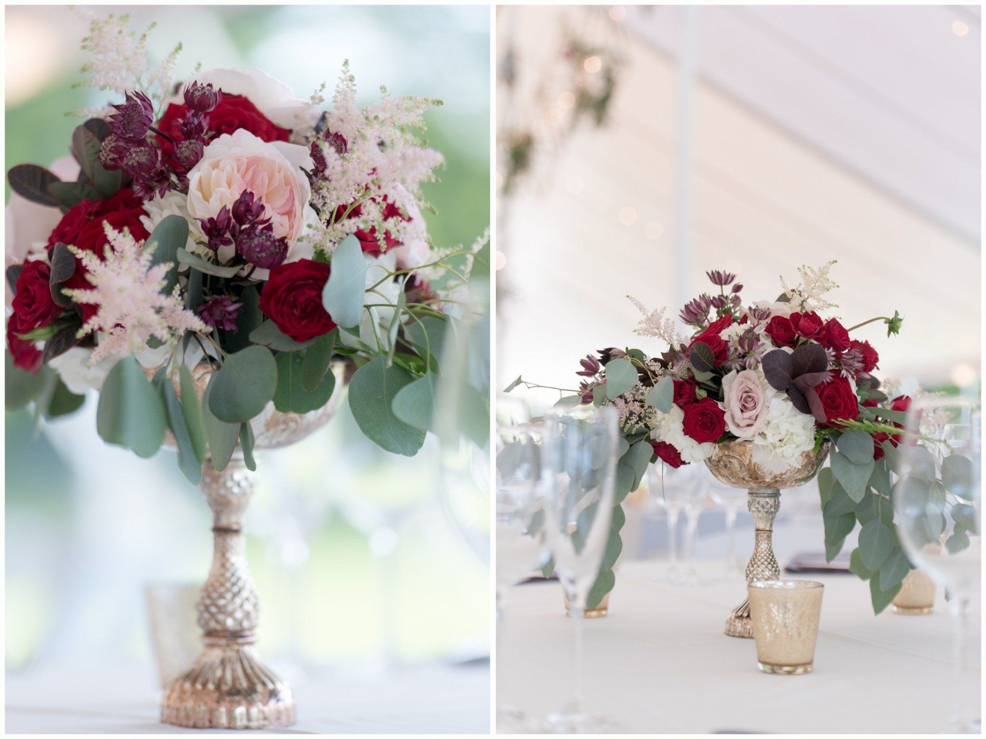 Elegant red, white, and green floral arrangements in ornate silver vases on a bright table display