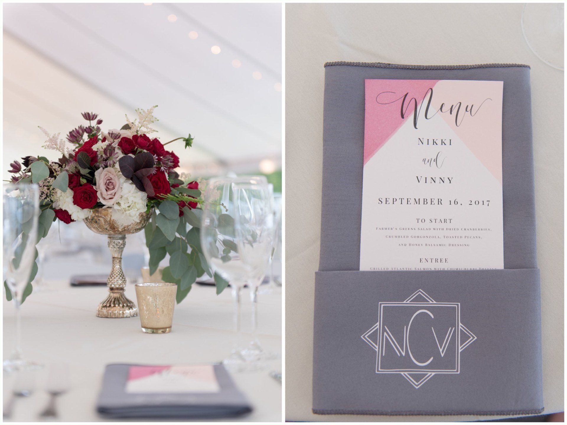 Wedding reception table with burgundy floral centerpiece and gray place card holder holding a pink and white menu card