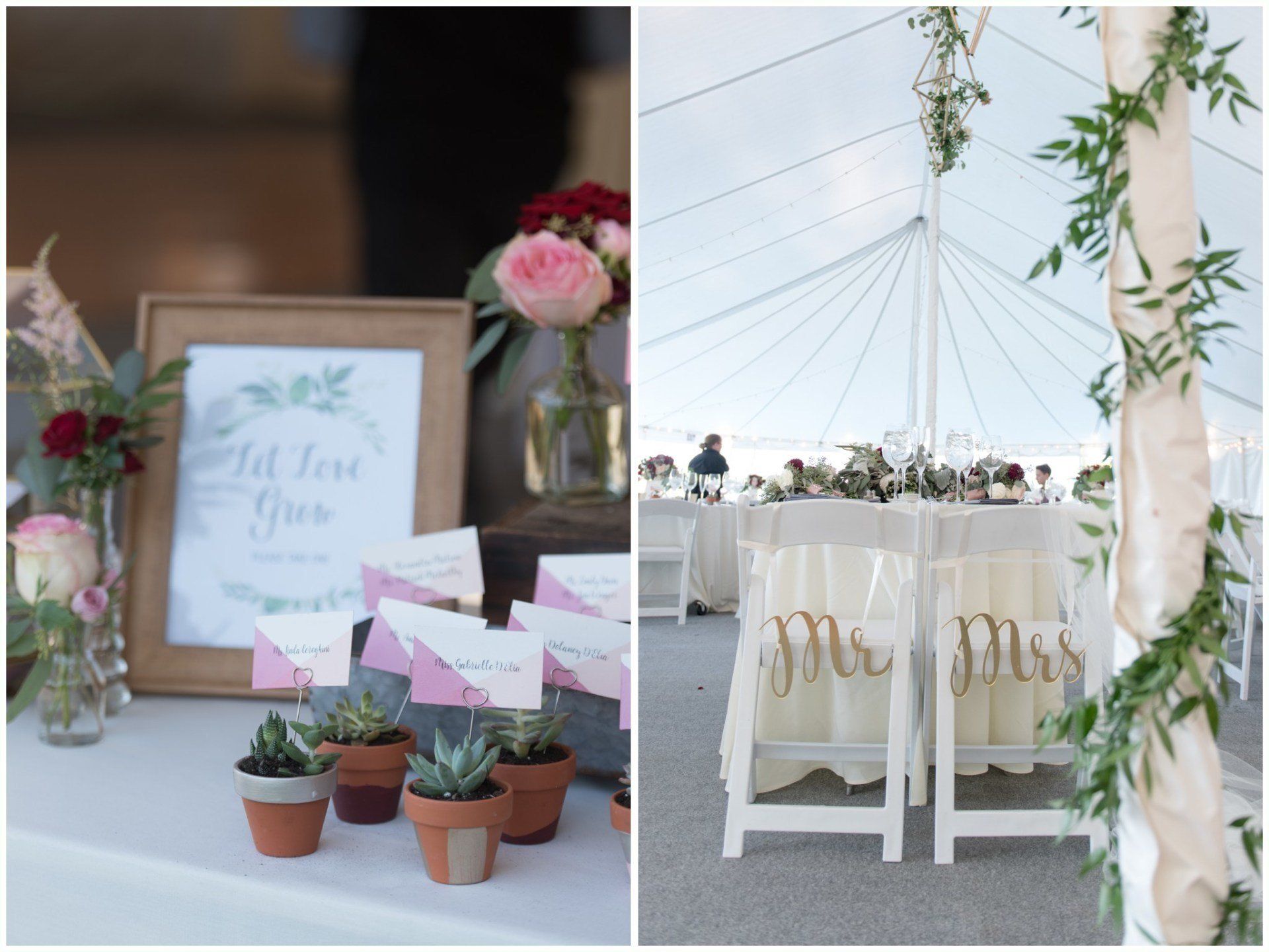 Wedding table decor with potted plants, pink flowers, and framed signs beside a reception table under a tent