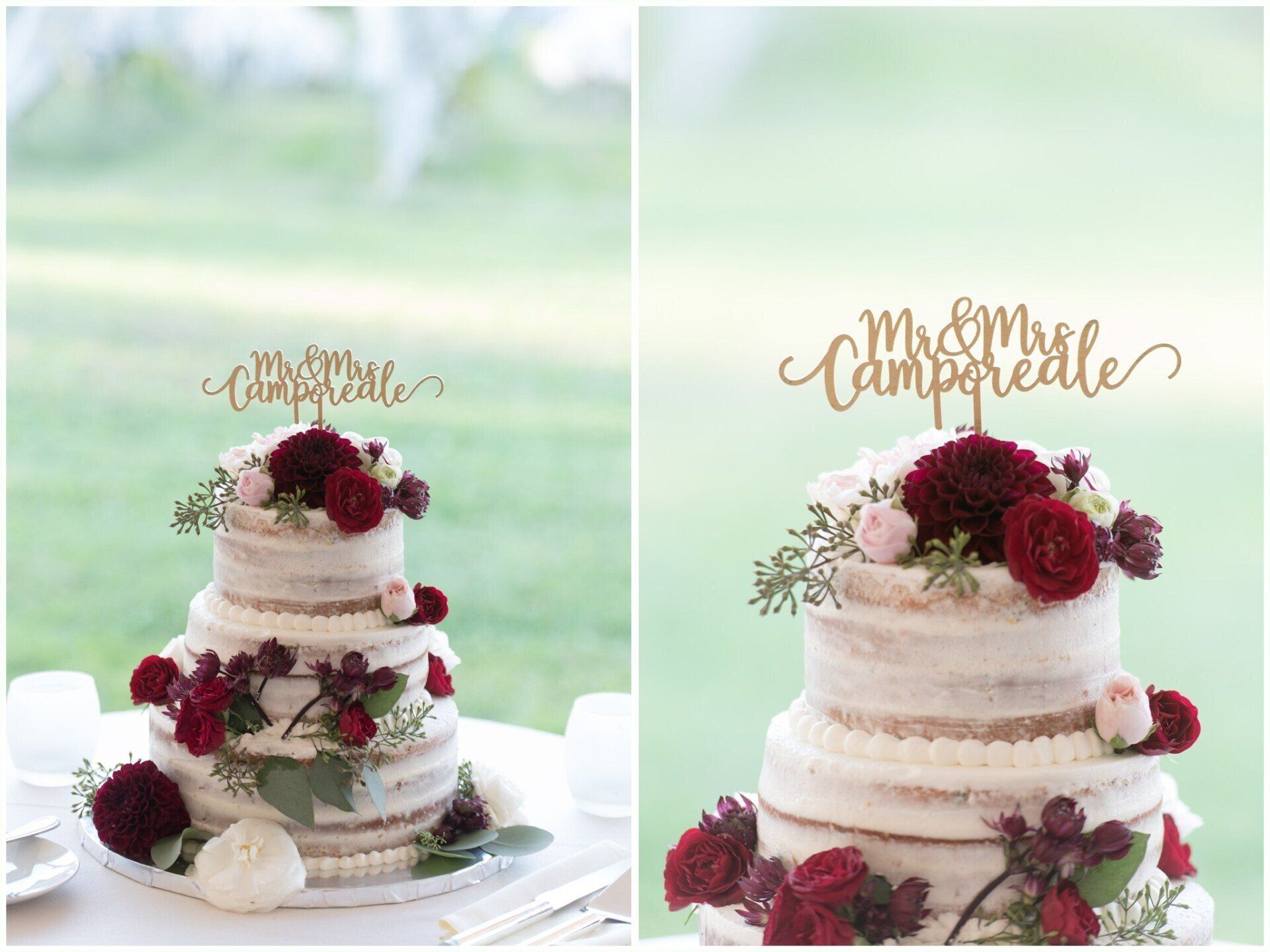 Rustic three-tier white wedding cake topped with burgundy flowers and a gold “Mr & Mrs” topper