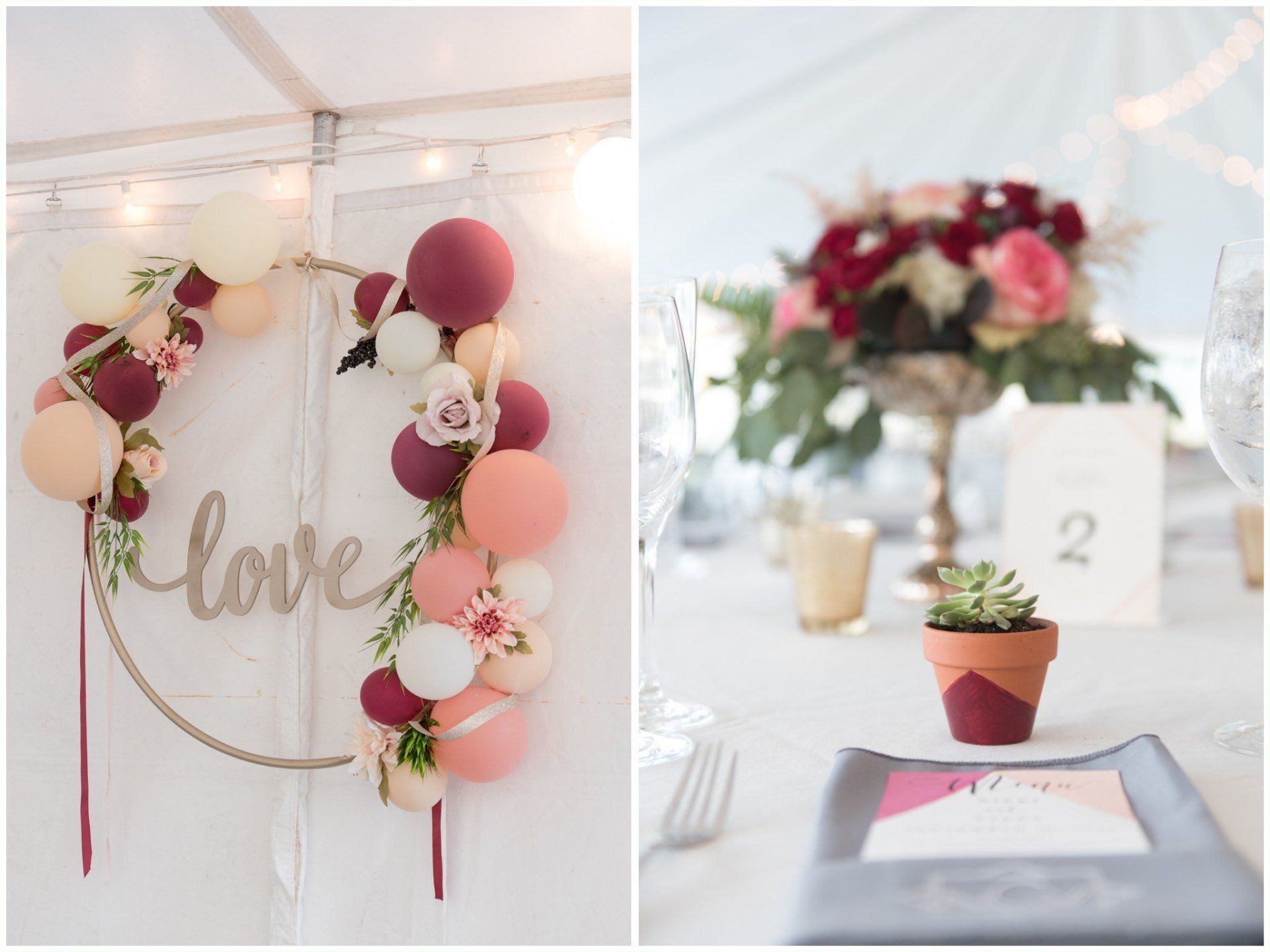 Floral balloon arch around a “love” sign and a soft pink table setting with cupcakes and flowers