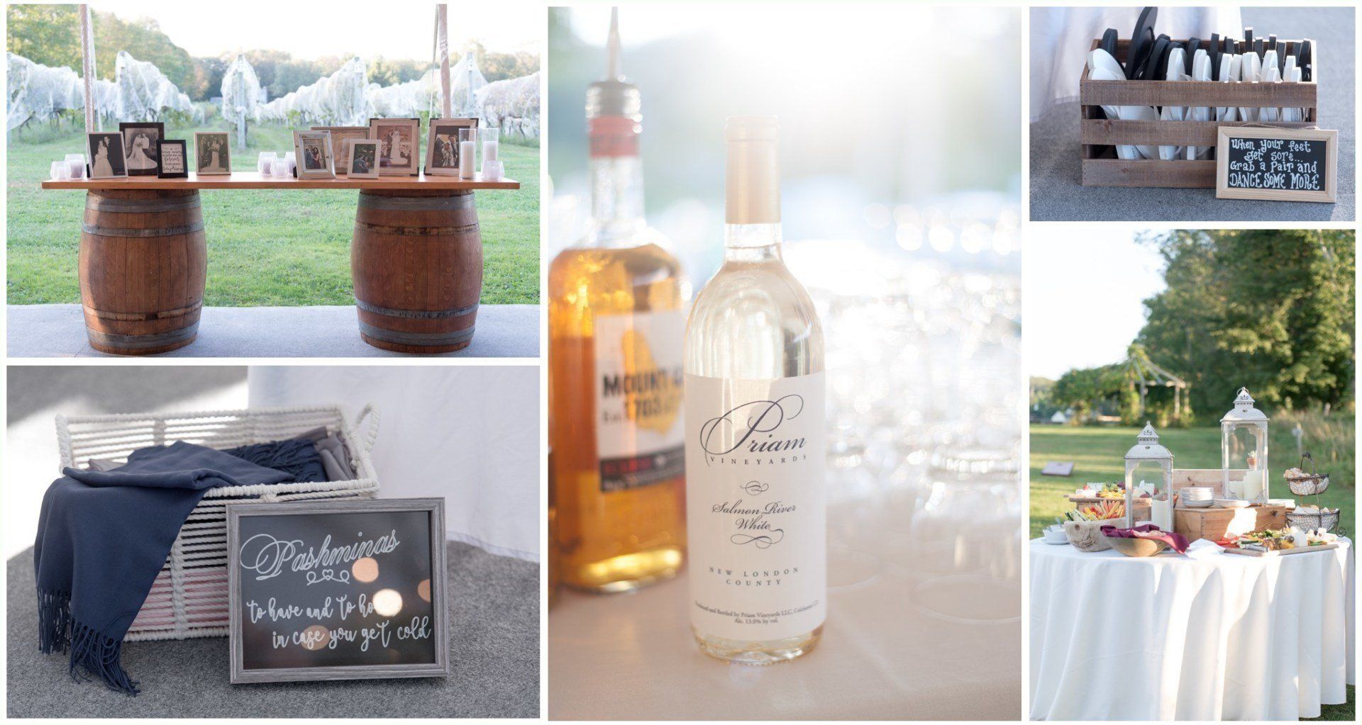 Wedding decor collage with wine bottles, ceremony table, black welcome sign, and dessert display outdoors