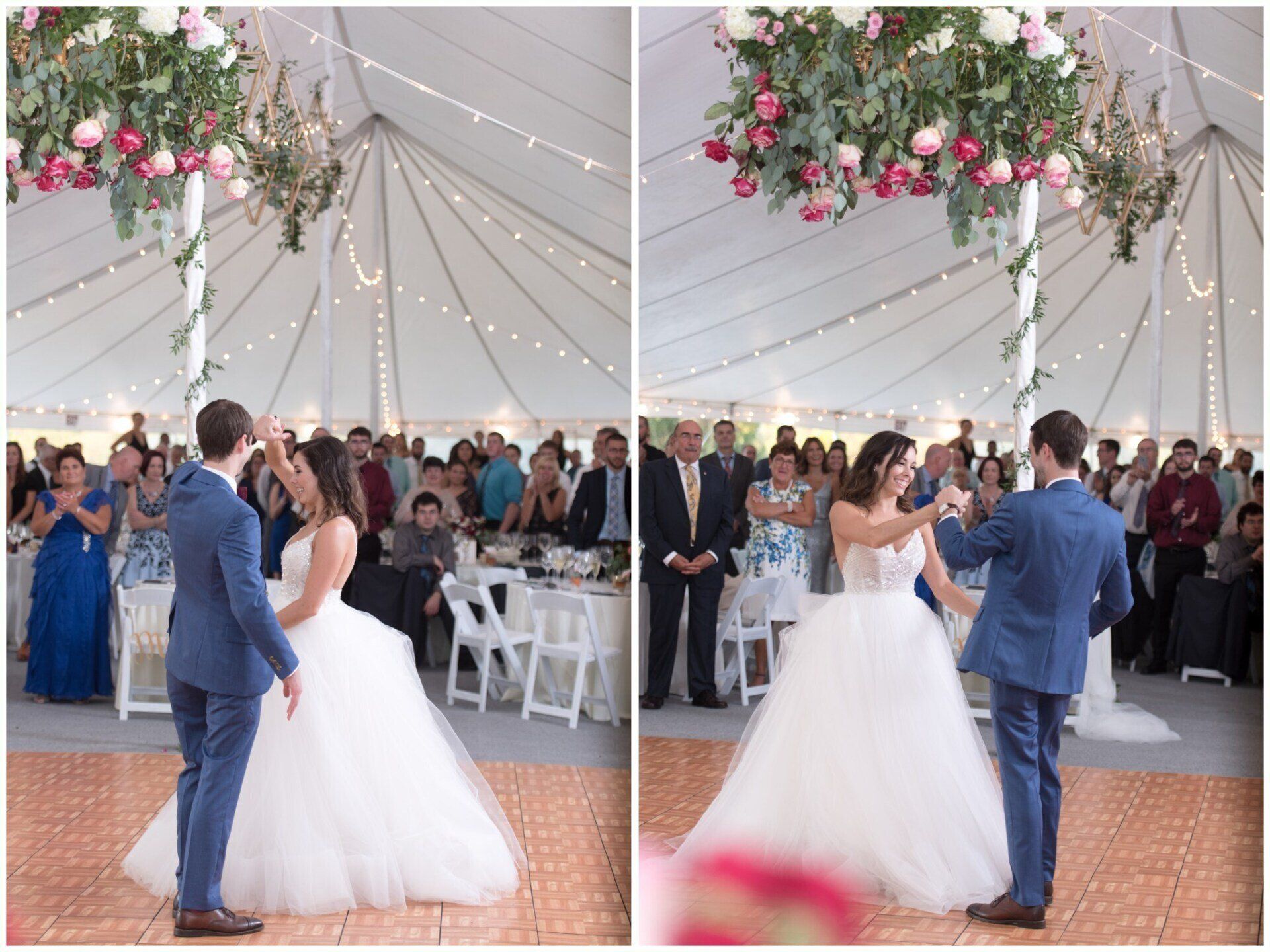 Bride and groom exchanging vows under a floral canopy at an outdoor wedding ceremony.