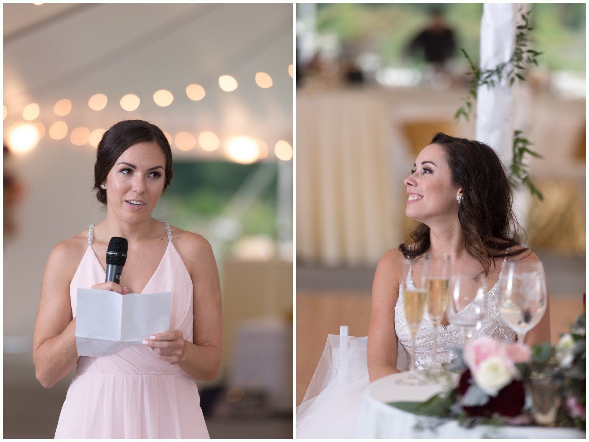Woman in a pink dress giving a speech at a wedding reception, holding a microphone and notes