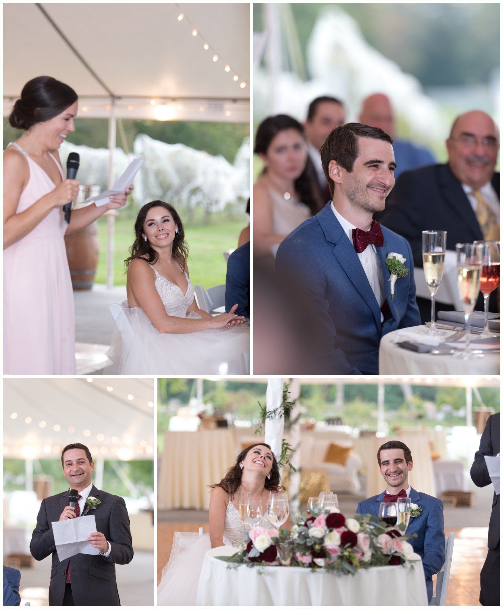 Wedding reception collage with bride, groom, and officiant speaking at a decorated indoor-outdoor venue