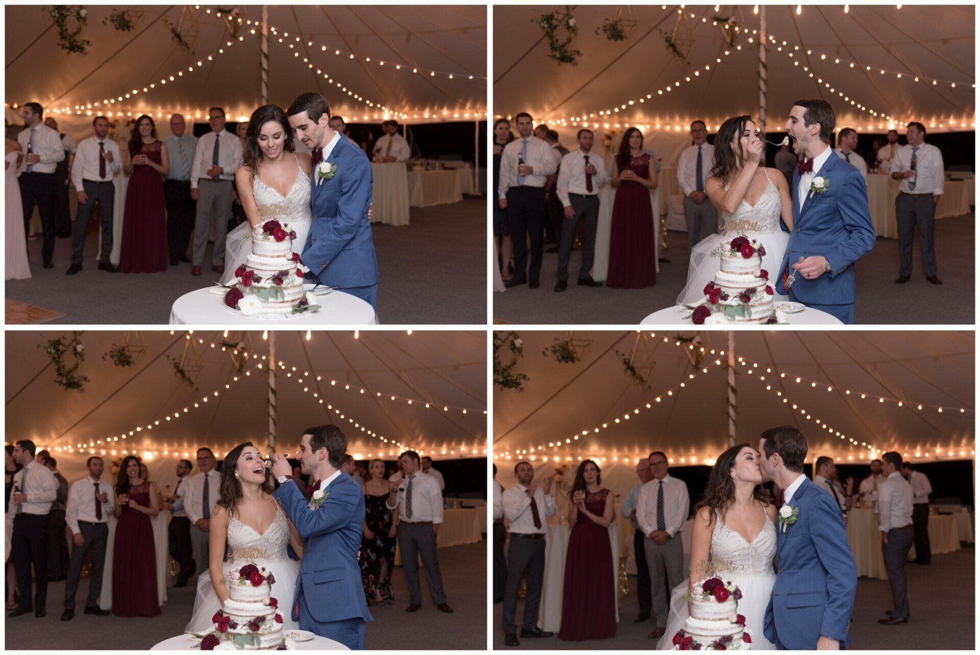 Wedding couple cutting cake under string lights in a reception tent, shown in four moments
