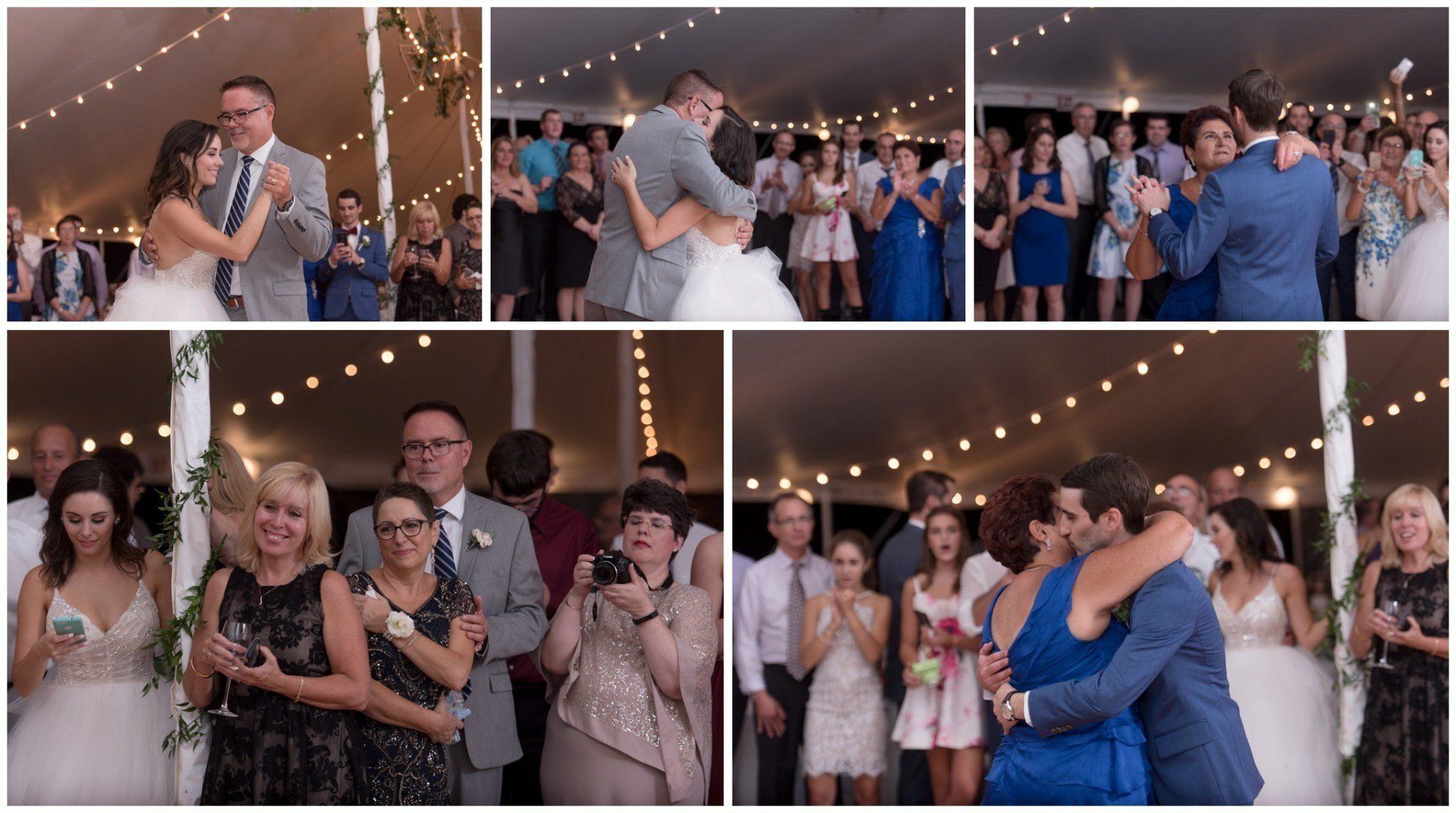 Wedding reception guests dancing under string lights, with several couples slow dancing and smiling.