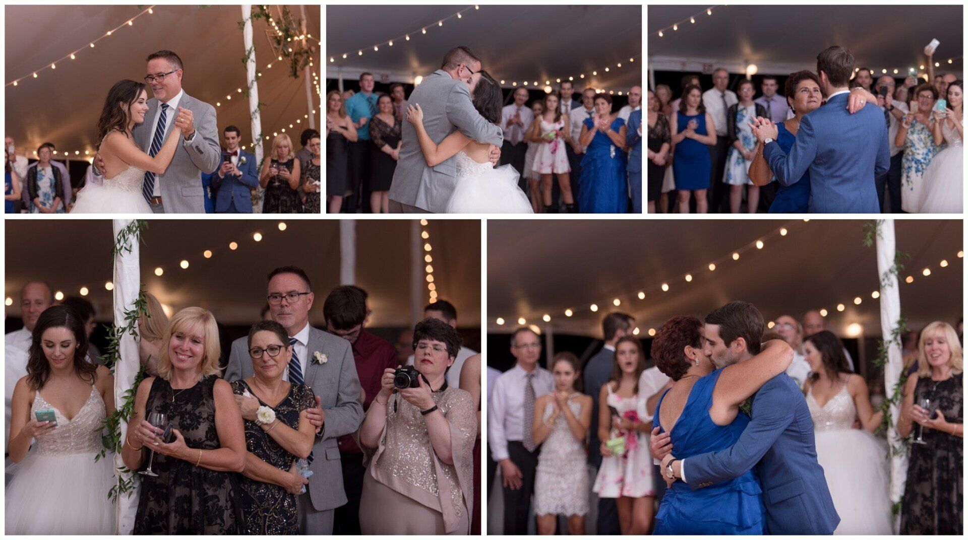 Guests dancing and clapping at a warmly lit wedding reception under string lights