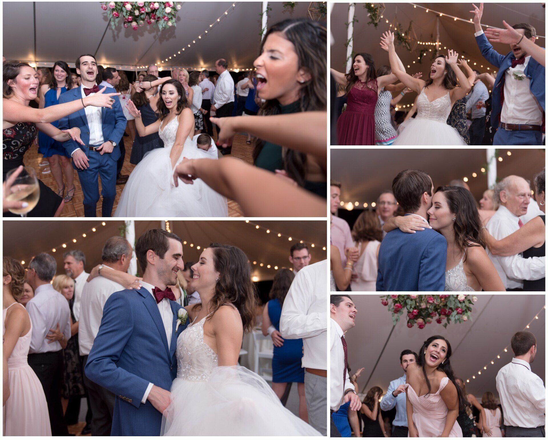 Wedding guests dance and cheer under string lights; bride and groom kiss in a lively reception collage