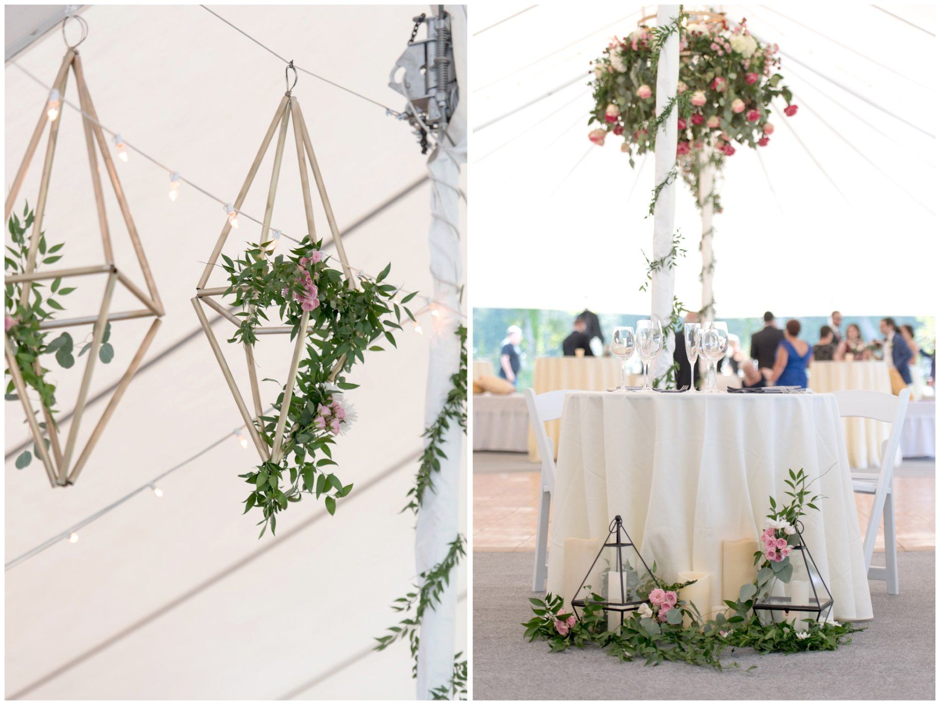 Geometric hanging planters and a floral wedding centerpiece in a bright reception tent