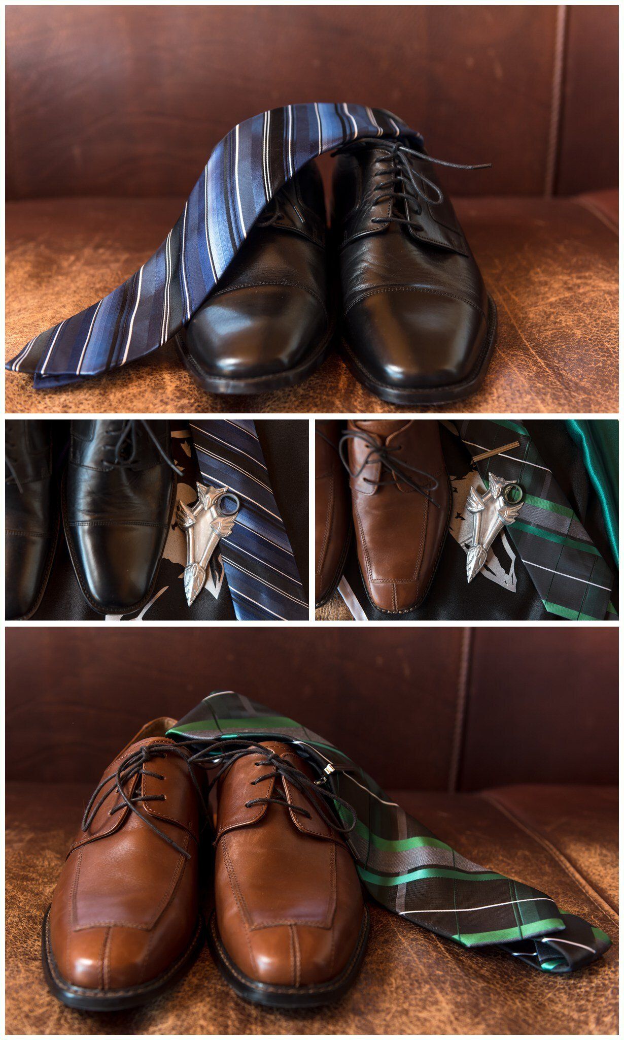 Brown leather dress shoes with blue and green striped striped ties laid across them in a collage.