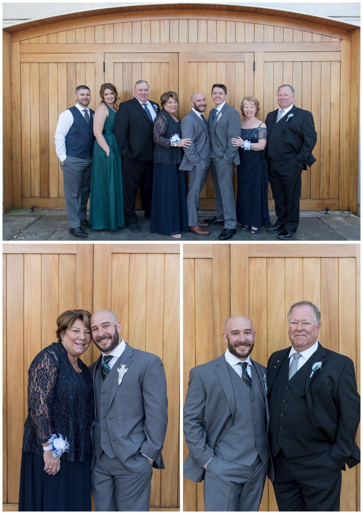 Group of six adults in formal attire posing in front of a wooden garage door, with two close-up shots below.
