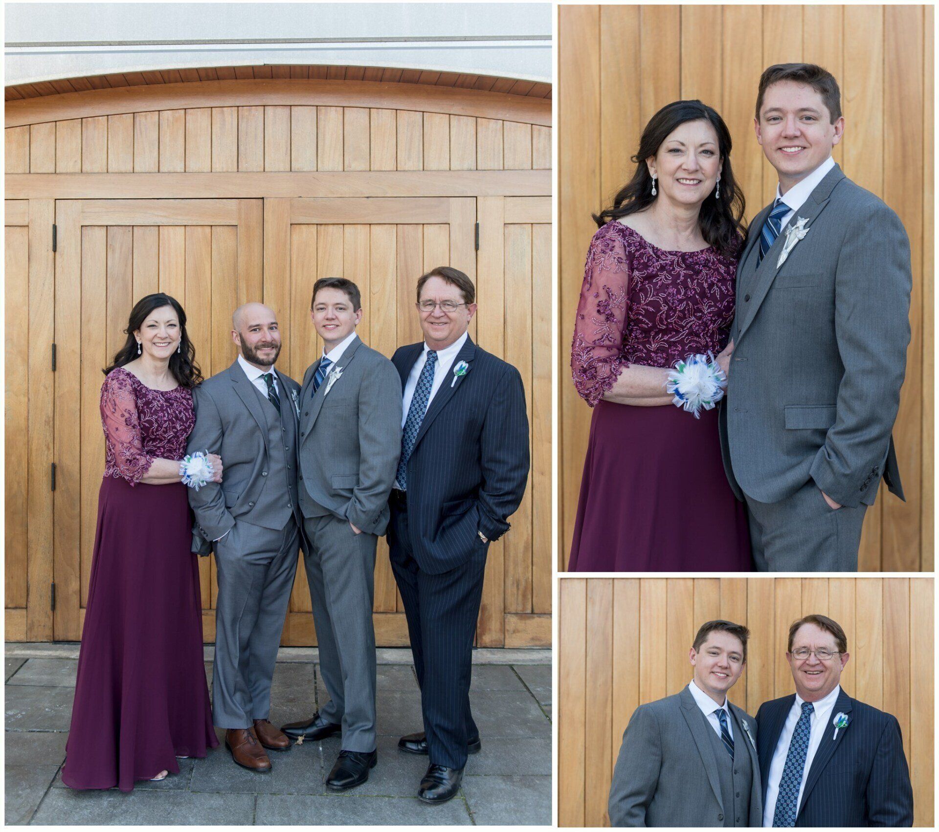 Four people in formal attire posing in front of wooden doors, with two close-up portraits on the right.