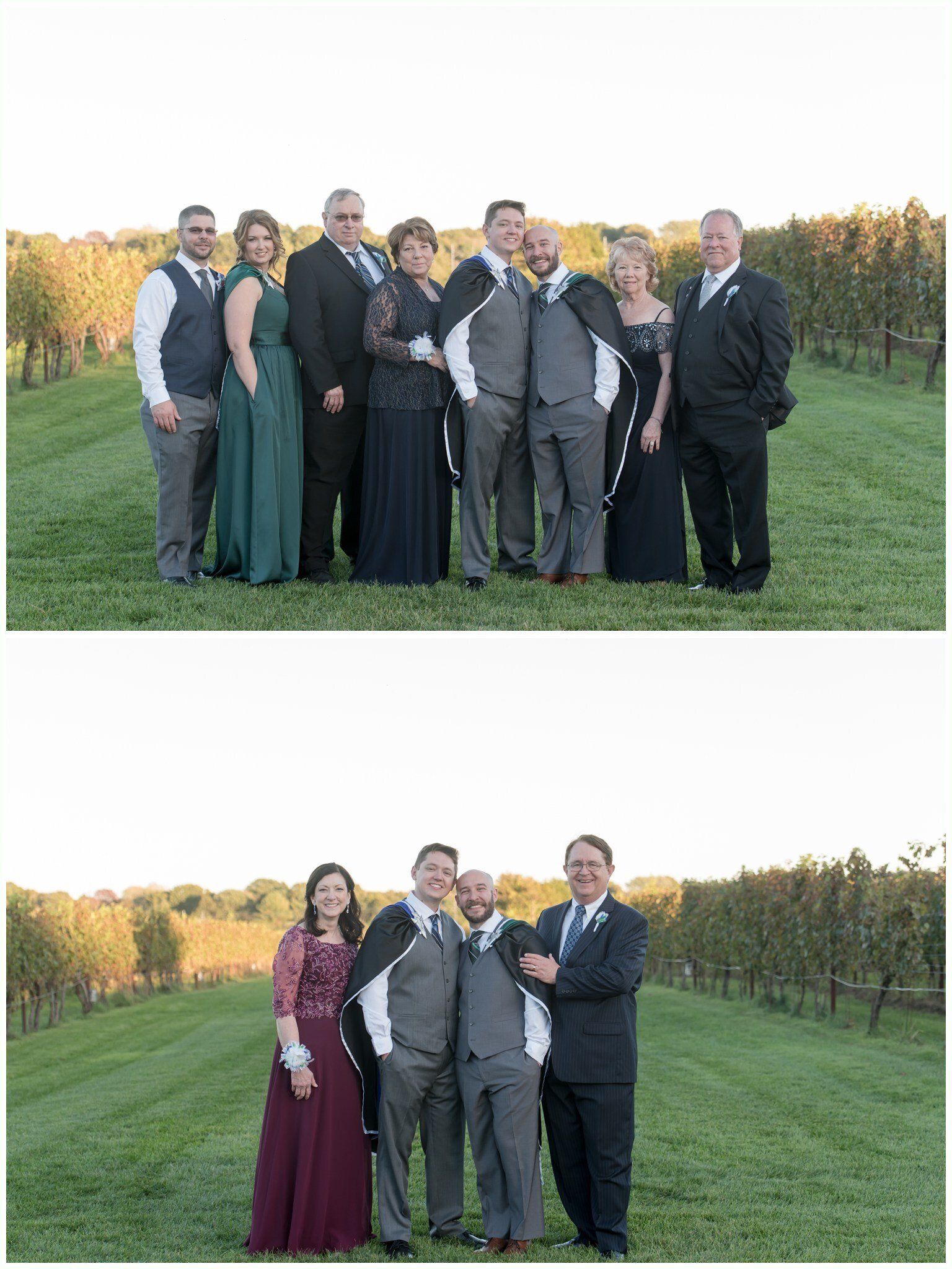 Two group wedding photos outdoors on a grassy vineyard at sunset, with guests posing together.