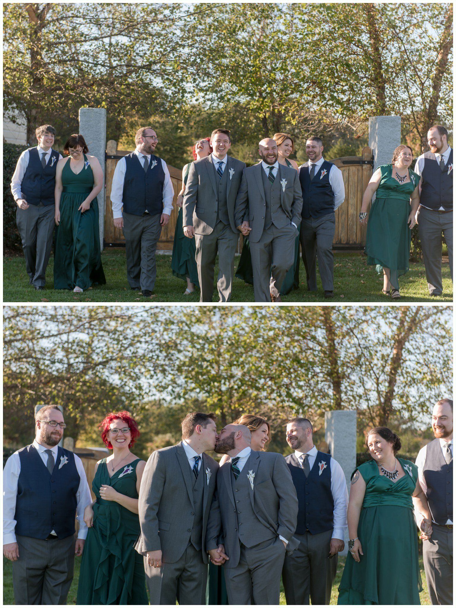 Wedding party walking outdoors in formal attire, with two side-by-side group photos.