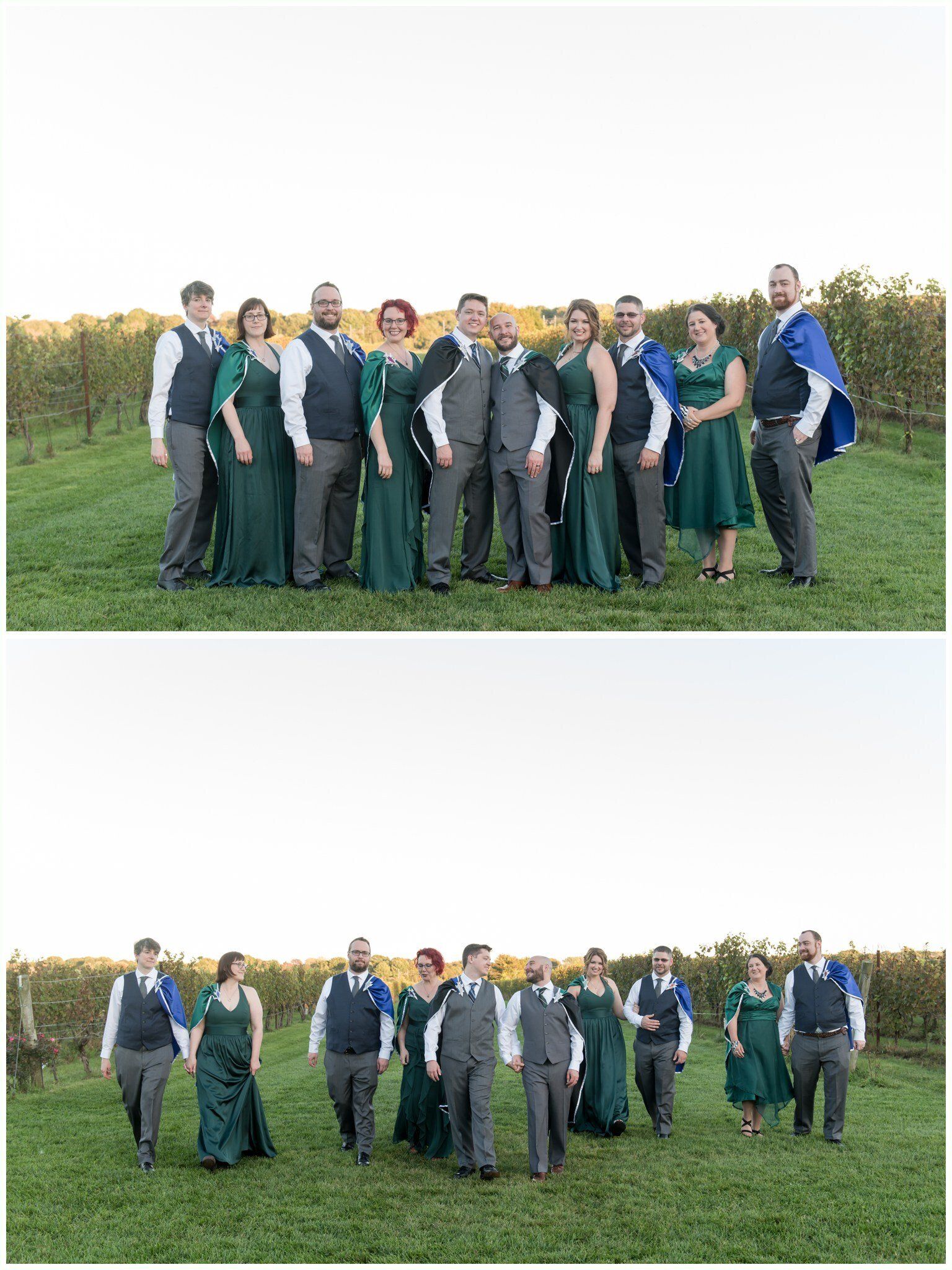 Two group photos of people in formal green and blue outfits standing together in a grassy field at sunset