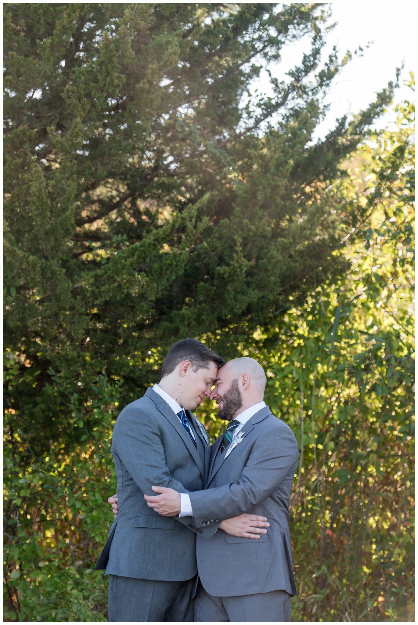 Two men in suits embrace and kiss outdoors beside a large evergreen tree.