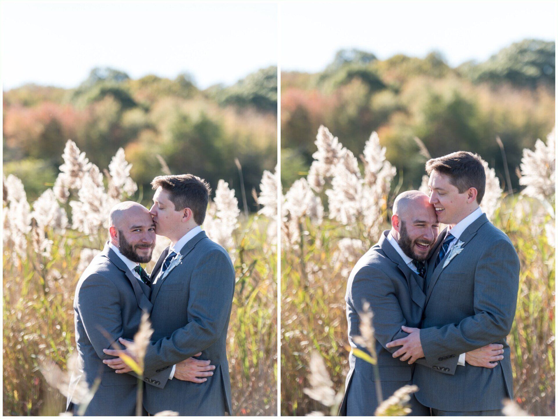 Two men in suits embracing outdoors in tall white grasses, with trees in the background.
