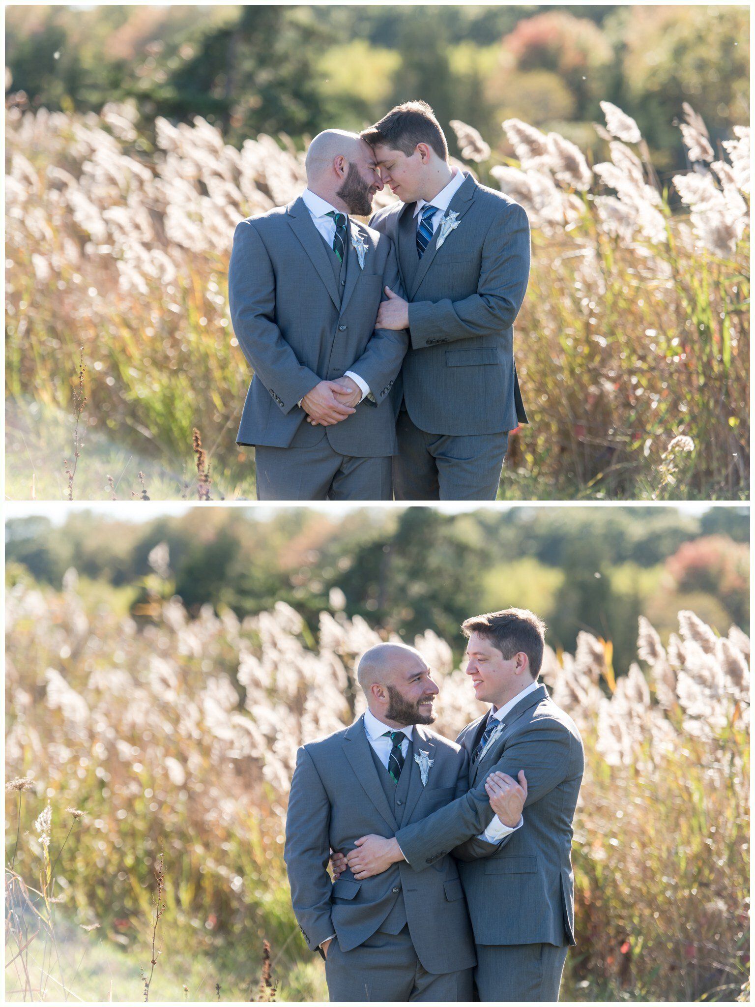Two men in gray suits share a tender embrace in a sunlit field of tall grass.