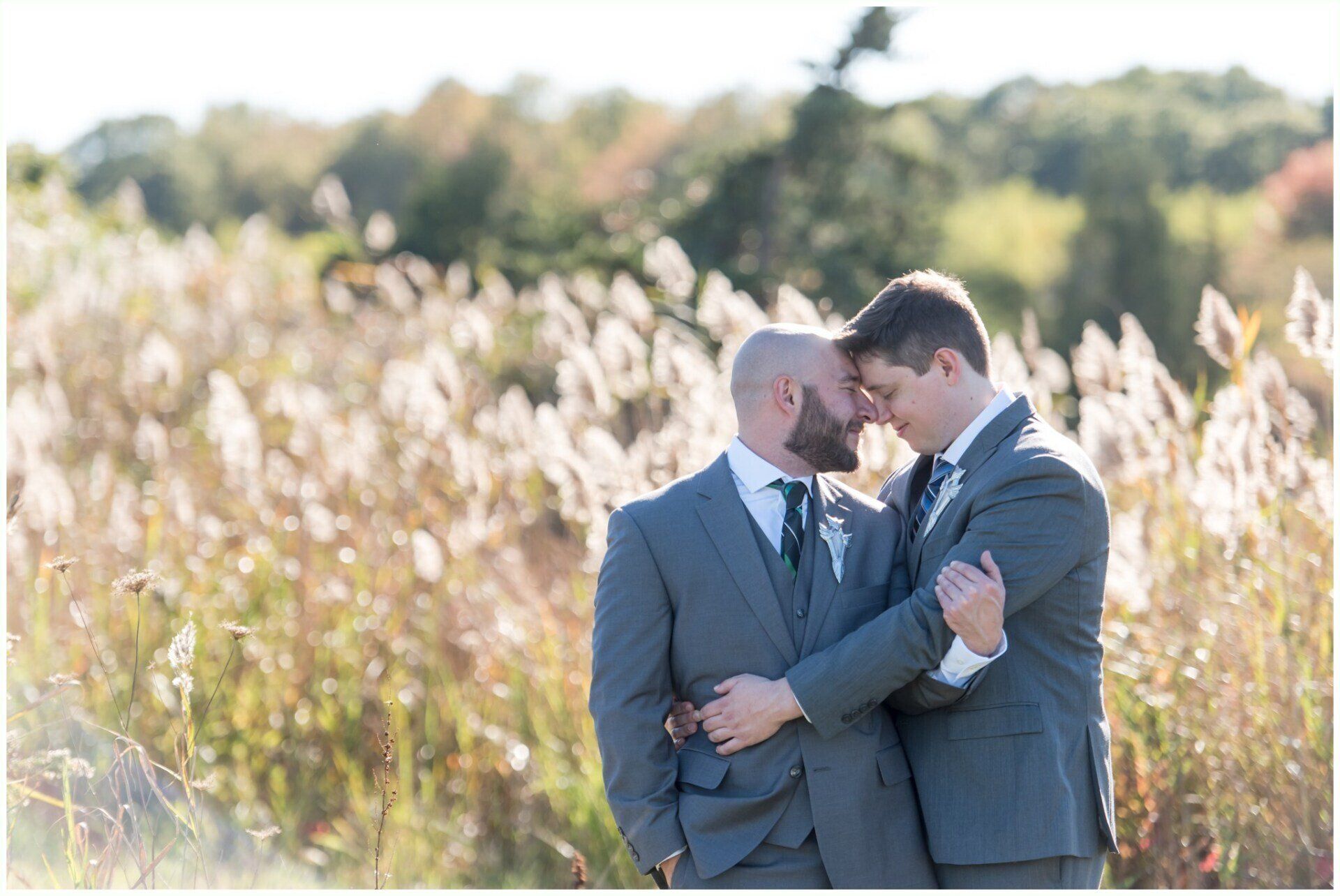 Two men in gray suits standing close in a sunlit field, touching foreheads amid tall grasses.