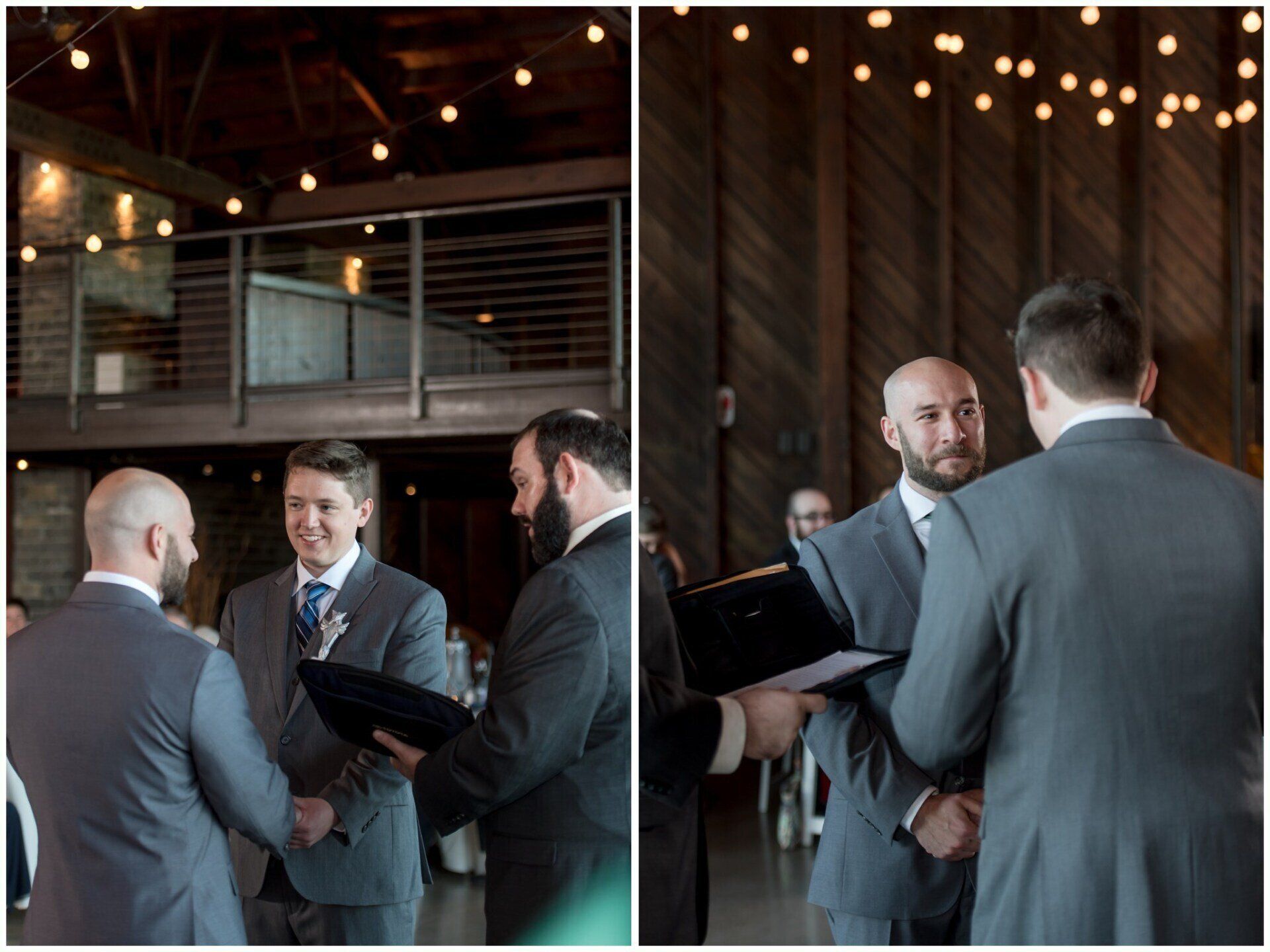 Men in suits shaking hands during a formal indoor gathering under warm string lights