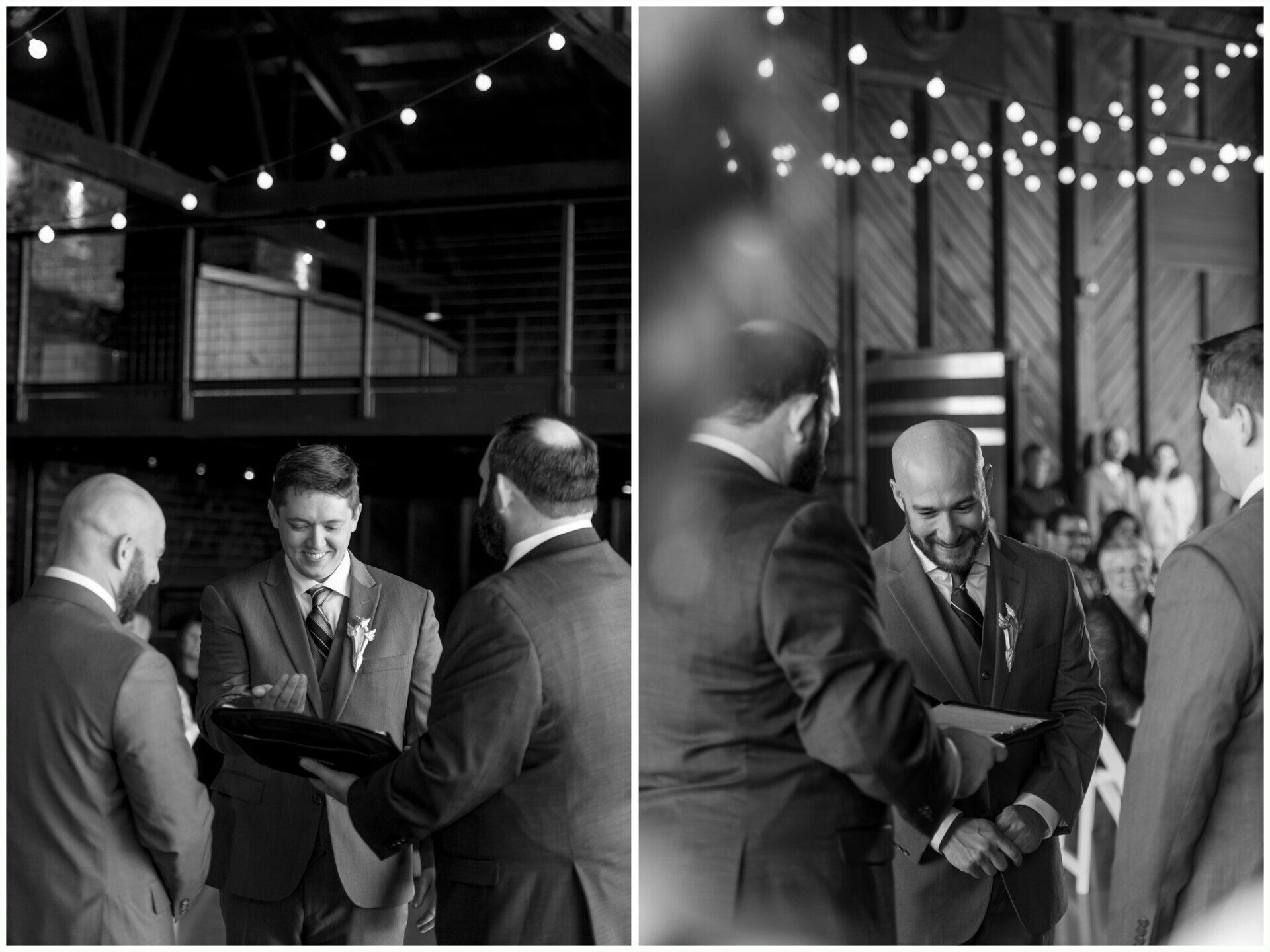 Three men in suits converse in a dimly lit industrial-style indoor space