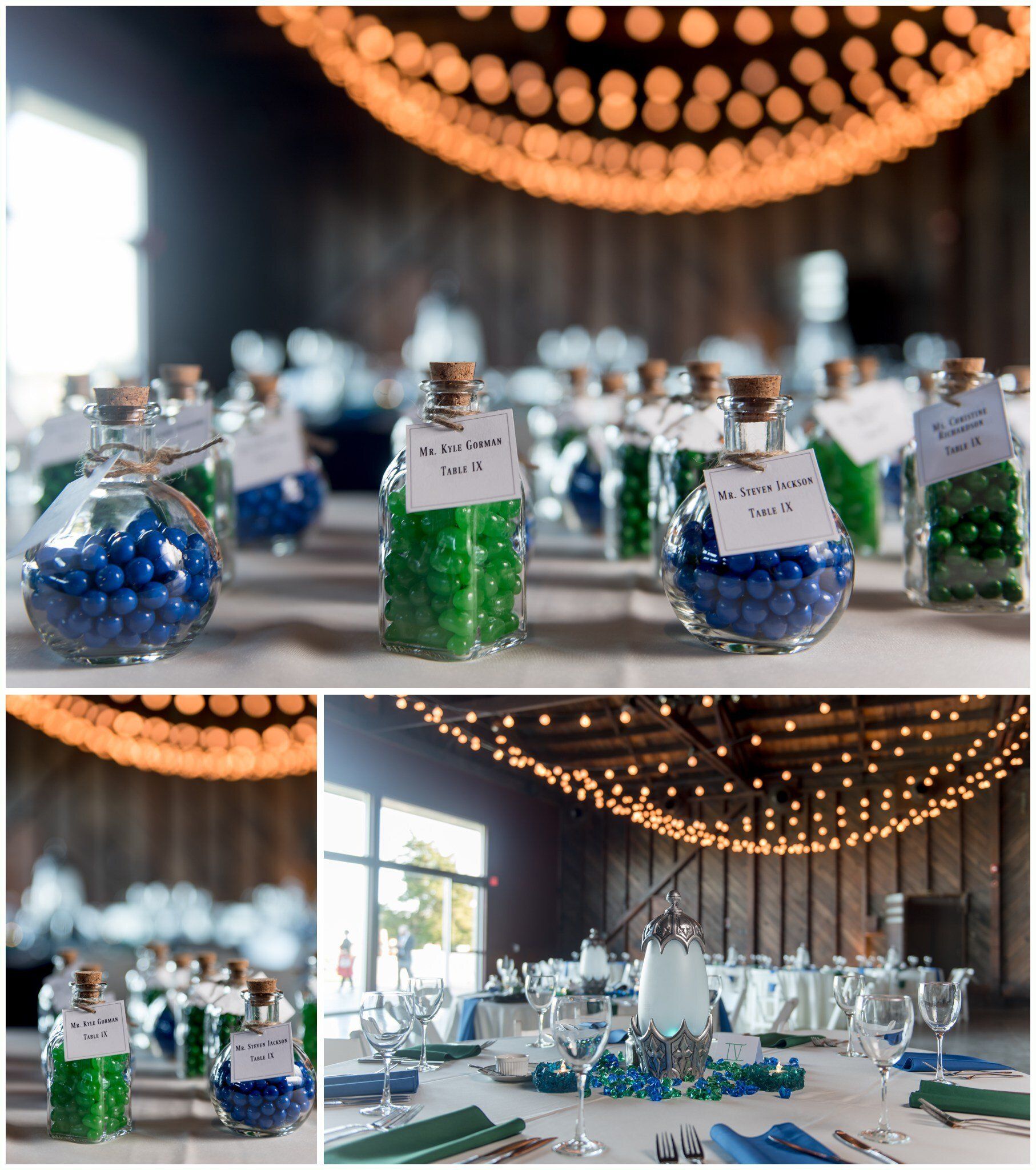 Glass jars of blue and green beads on a decorated table under warm string lights