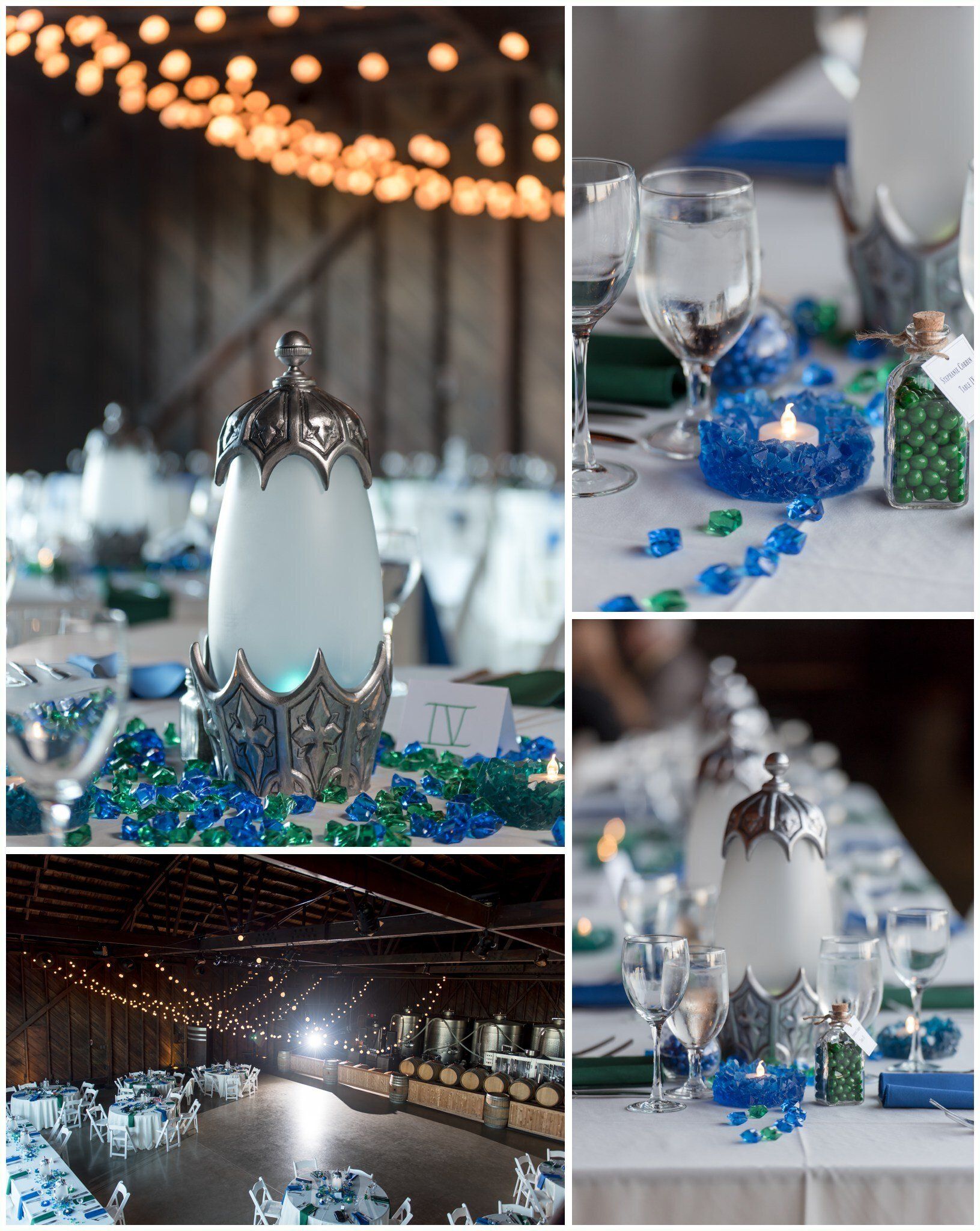 Elegant blue-and-white table decor with frosted candle holders and glassware in a softly lit banquet setting