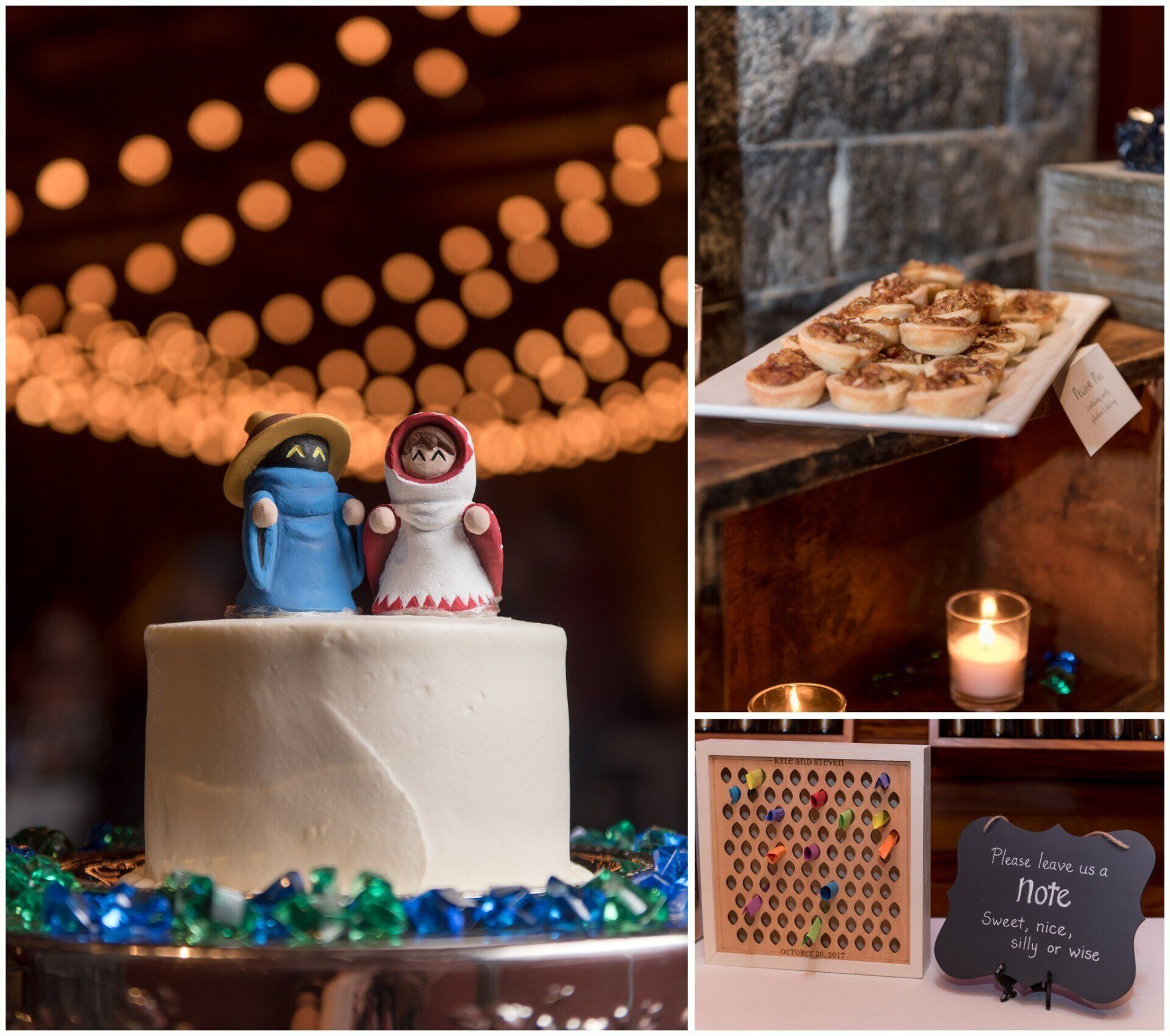Wedding dessert table with a small cake topper, tray of pastries, and chalkboard sign with warm candlelight