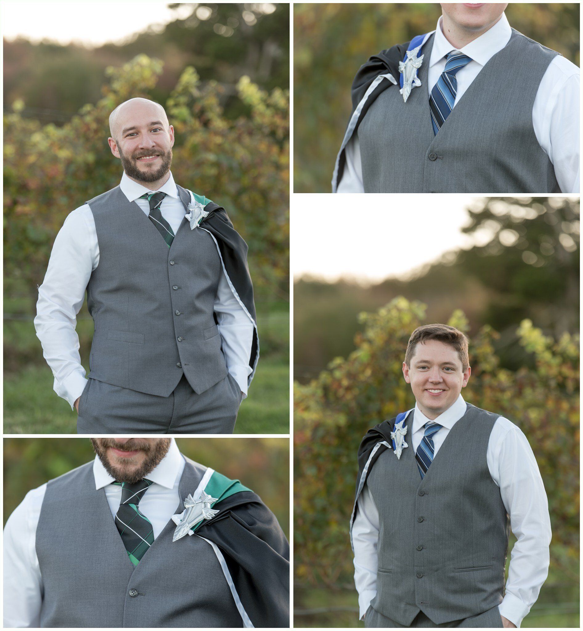 Three men in gray vests and ties posing outdoors at a wedding party collage
