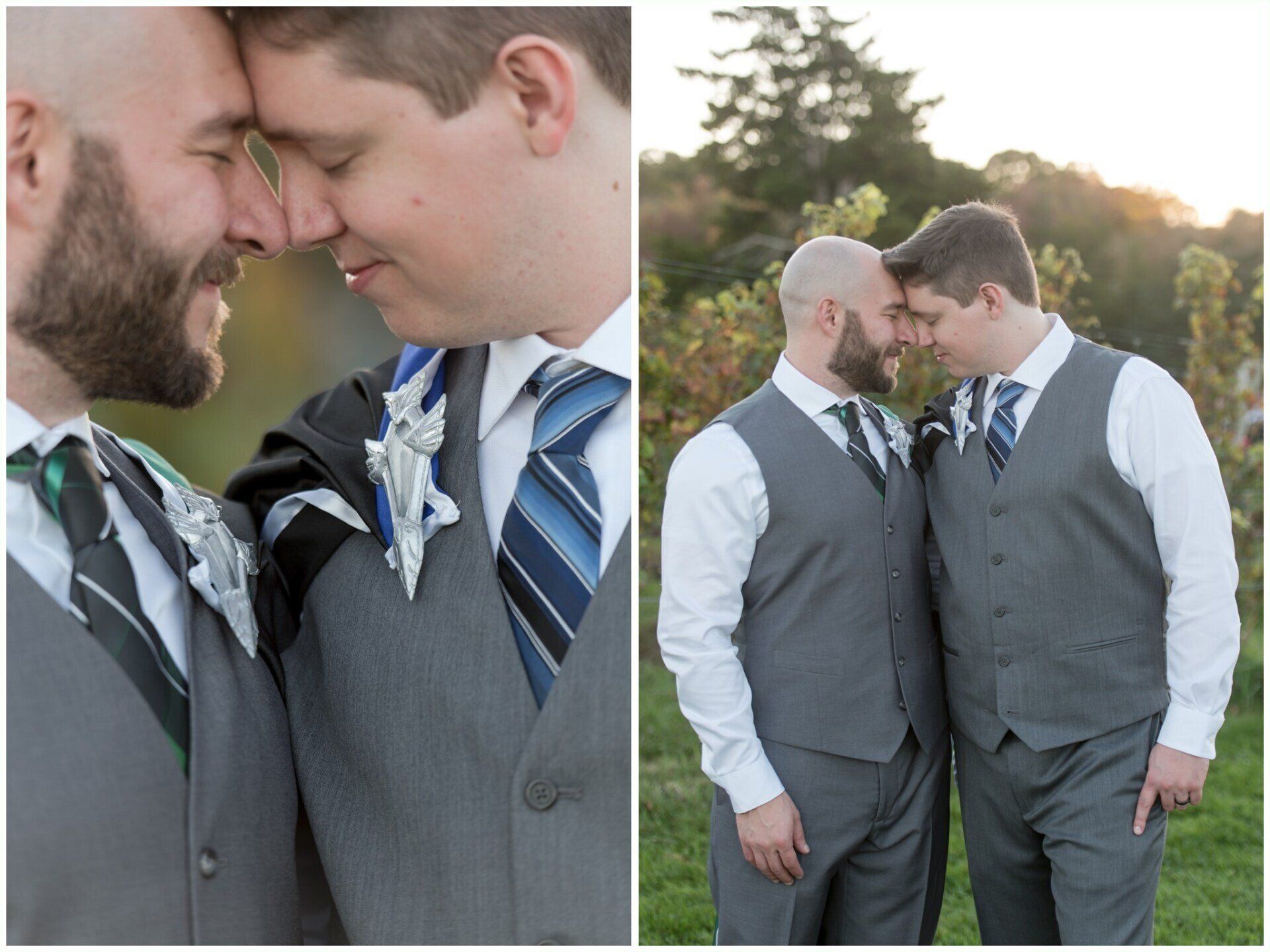 Two men in gray suits stand forehead to forehead outdoors at sunset.