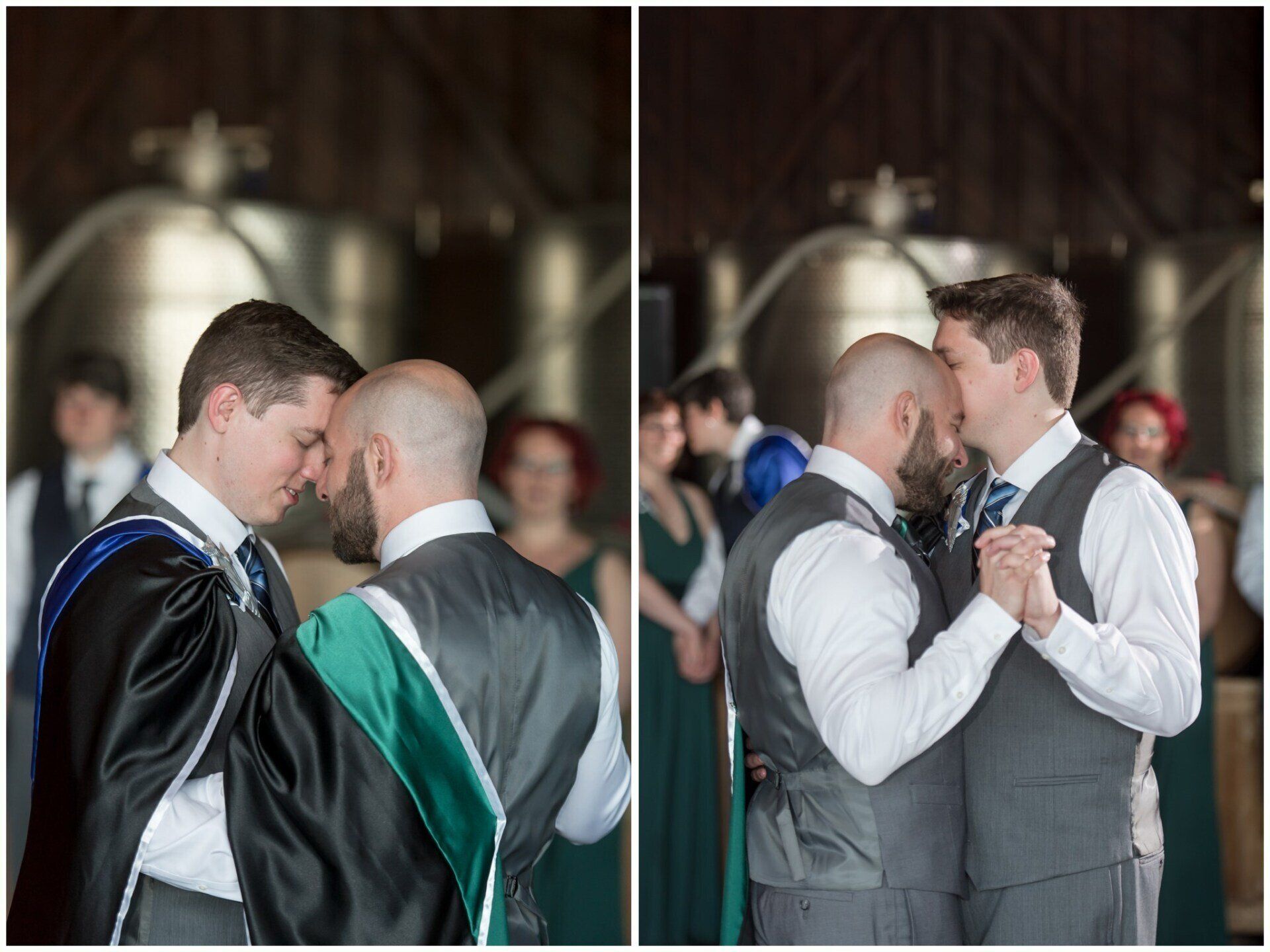 Two men in formal vests embrace and dance at a reception, with another pair visible in the background.