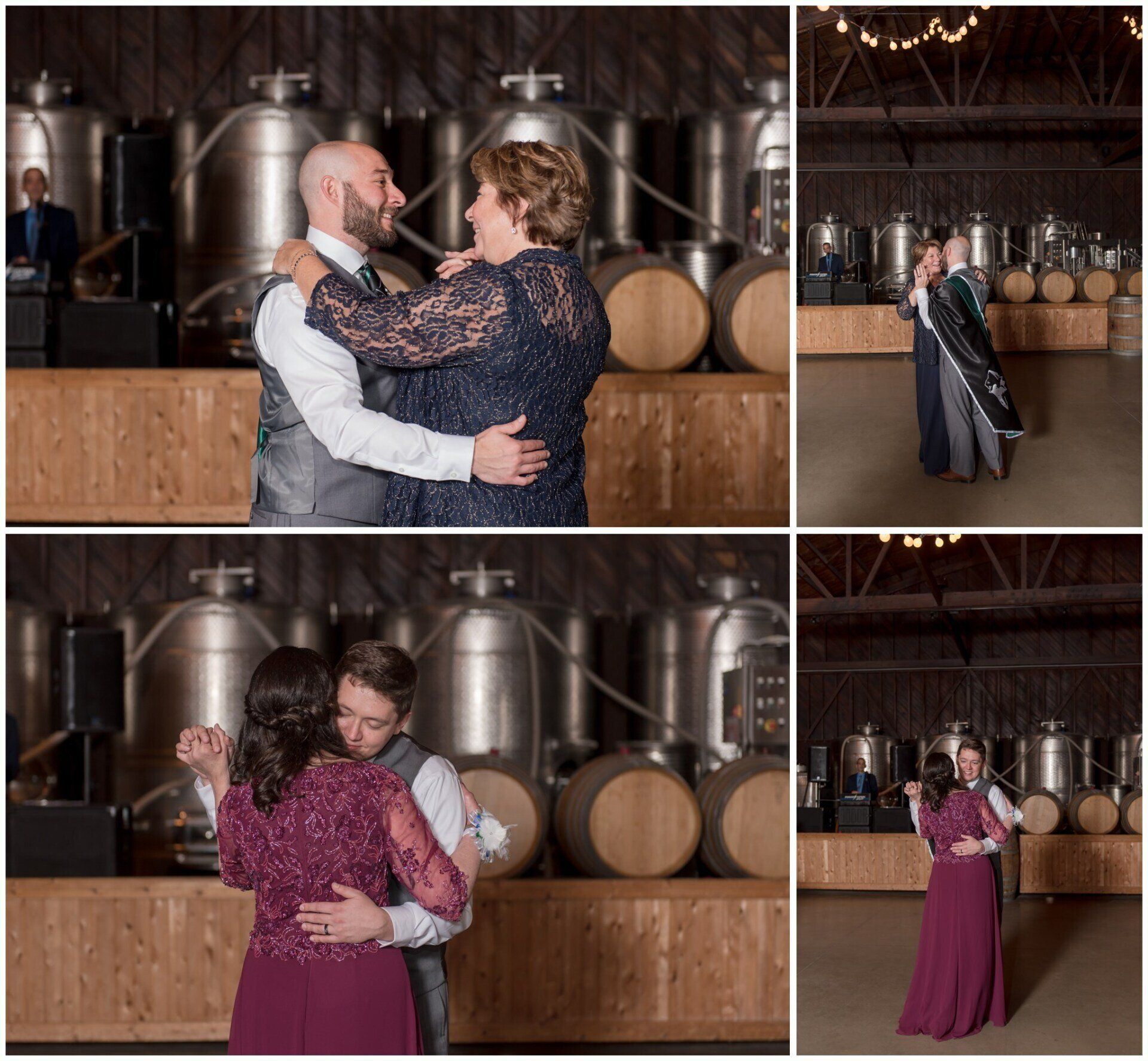 Four wedding dance portraits of couples embracing in a winery barrel room