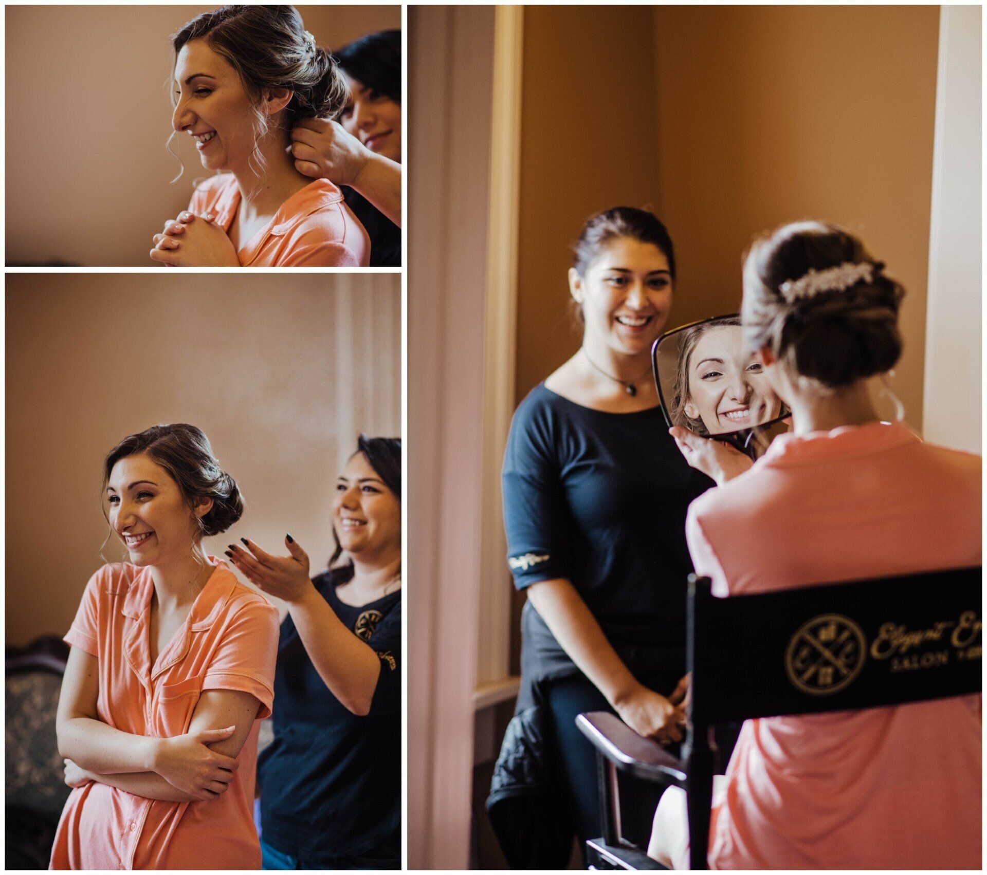 Women smiling during a makeup session, with one seated in a salon chair and another applying makeup.